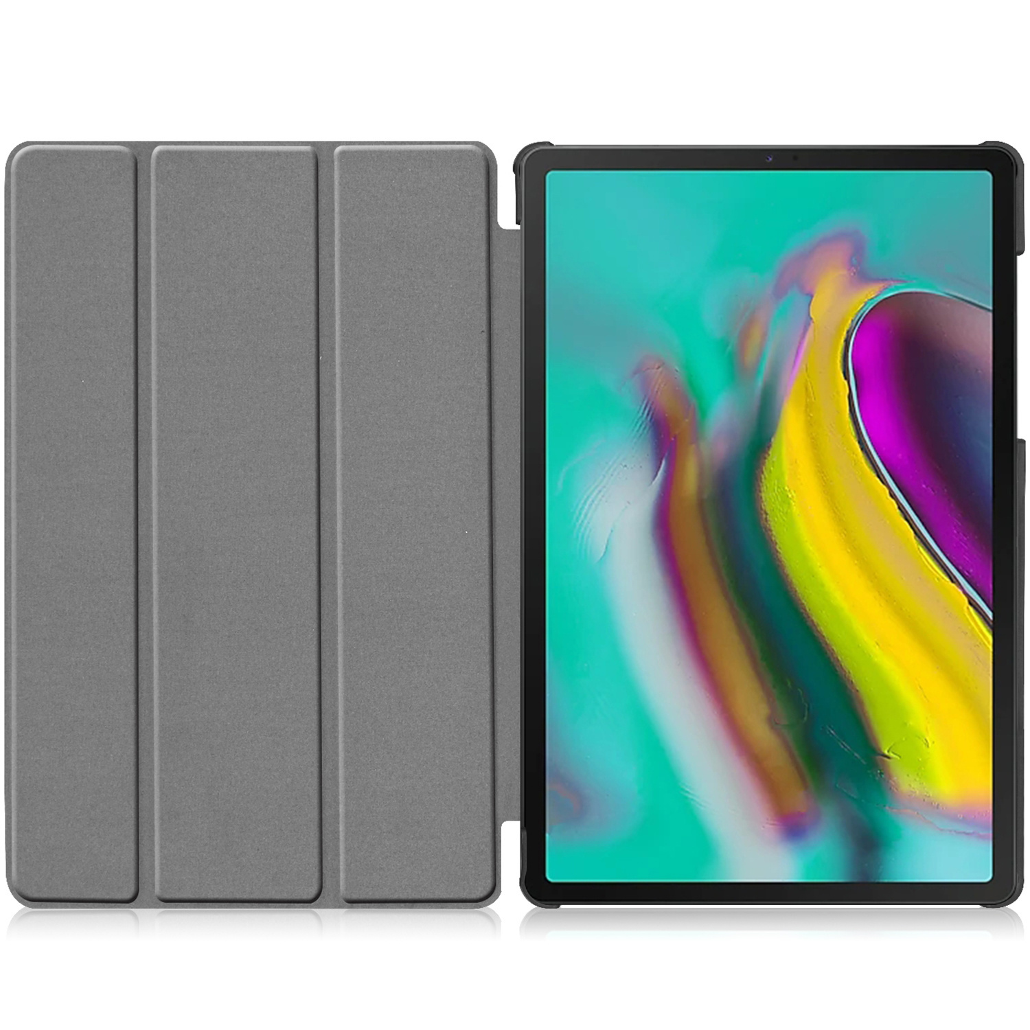 Grijze tablethoes open met een tablet met het scherm aan.