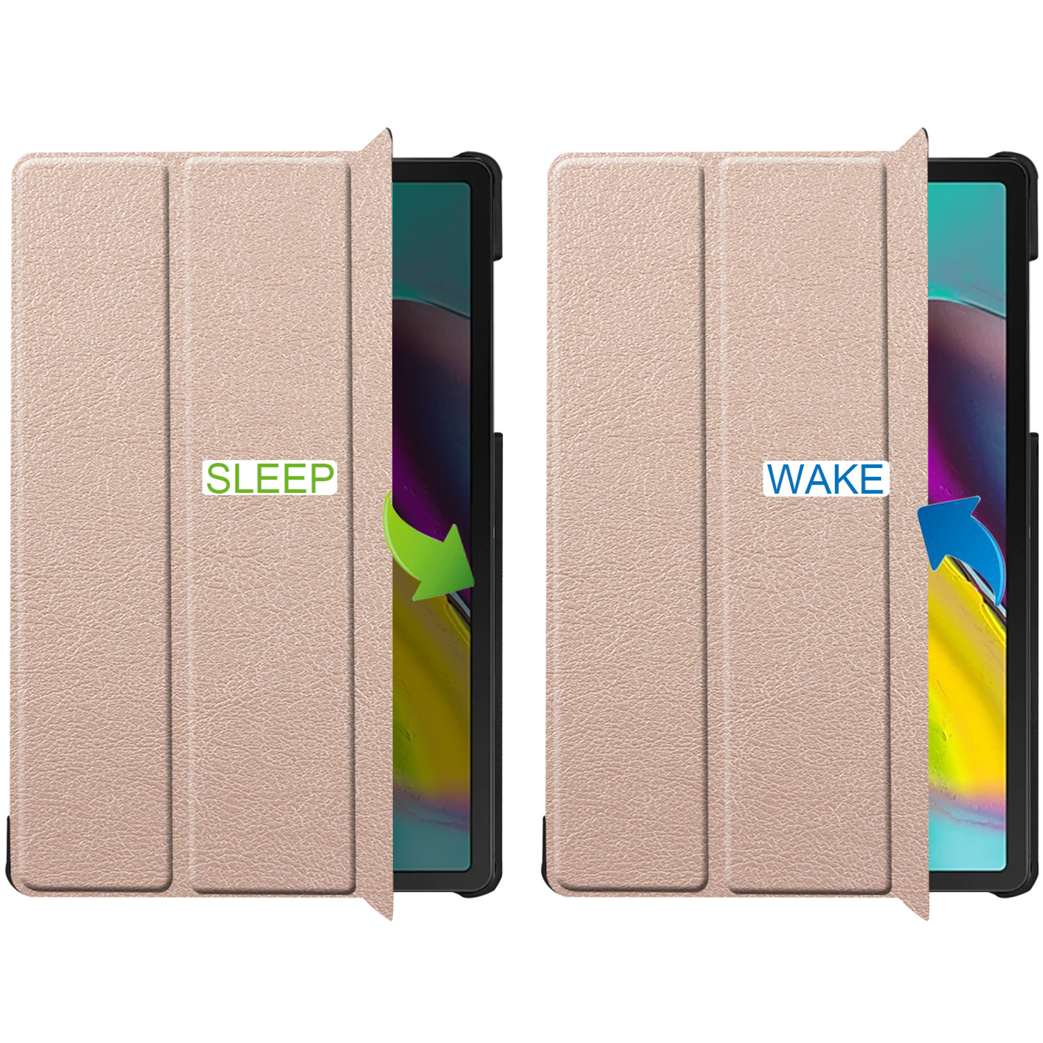 Een tablethoes open met de woorden 'SLEEP' en 'WAKE' met pijlen die het proces aangeven.