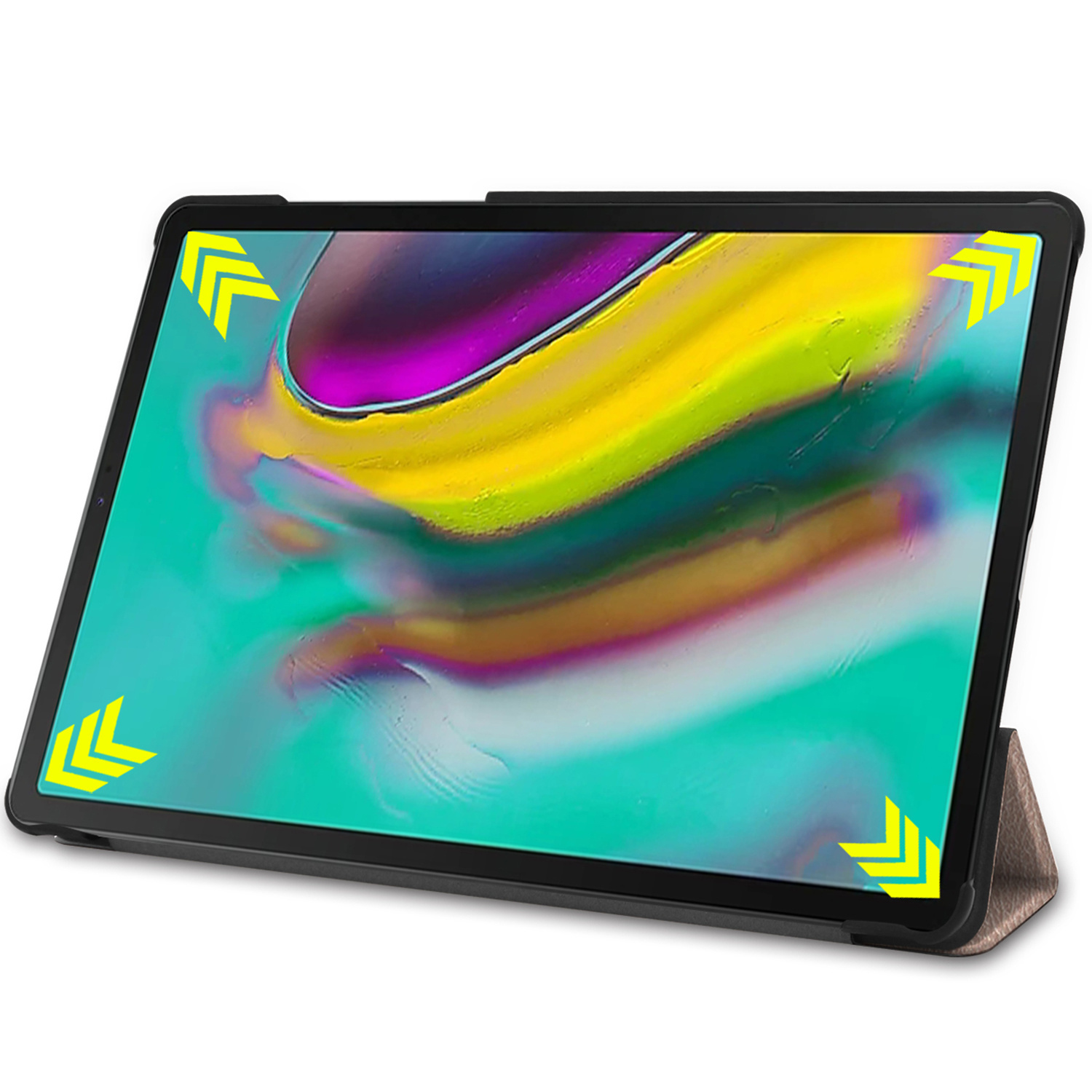 Tablet met open hoes, scherm toont kleurenmix. Op een standaard.