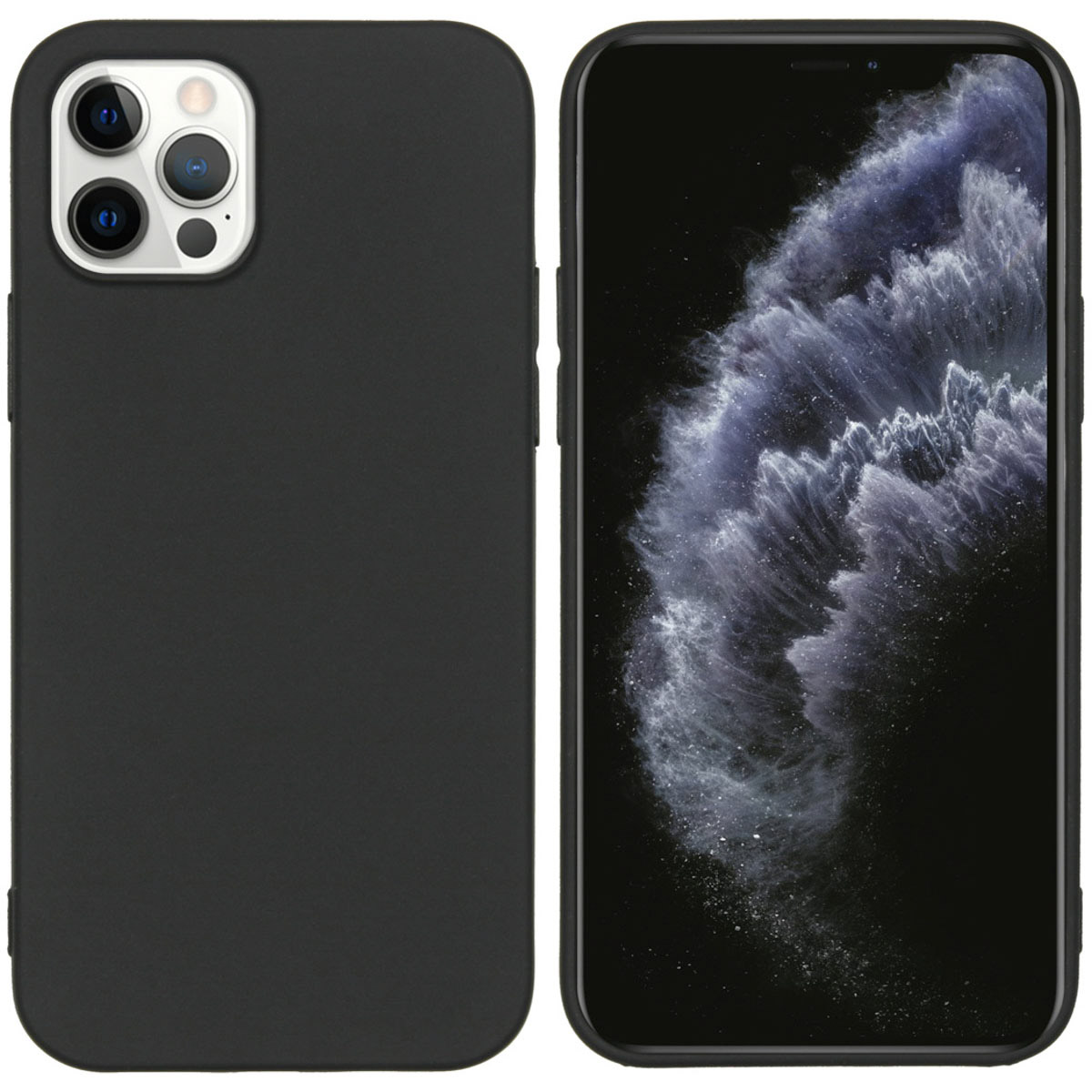 Zwart telefoonhoesje met zwarte telefoon. Het heeft drie camera's. Het scherm toont een paarse afbeelding.