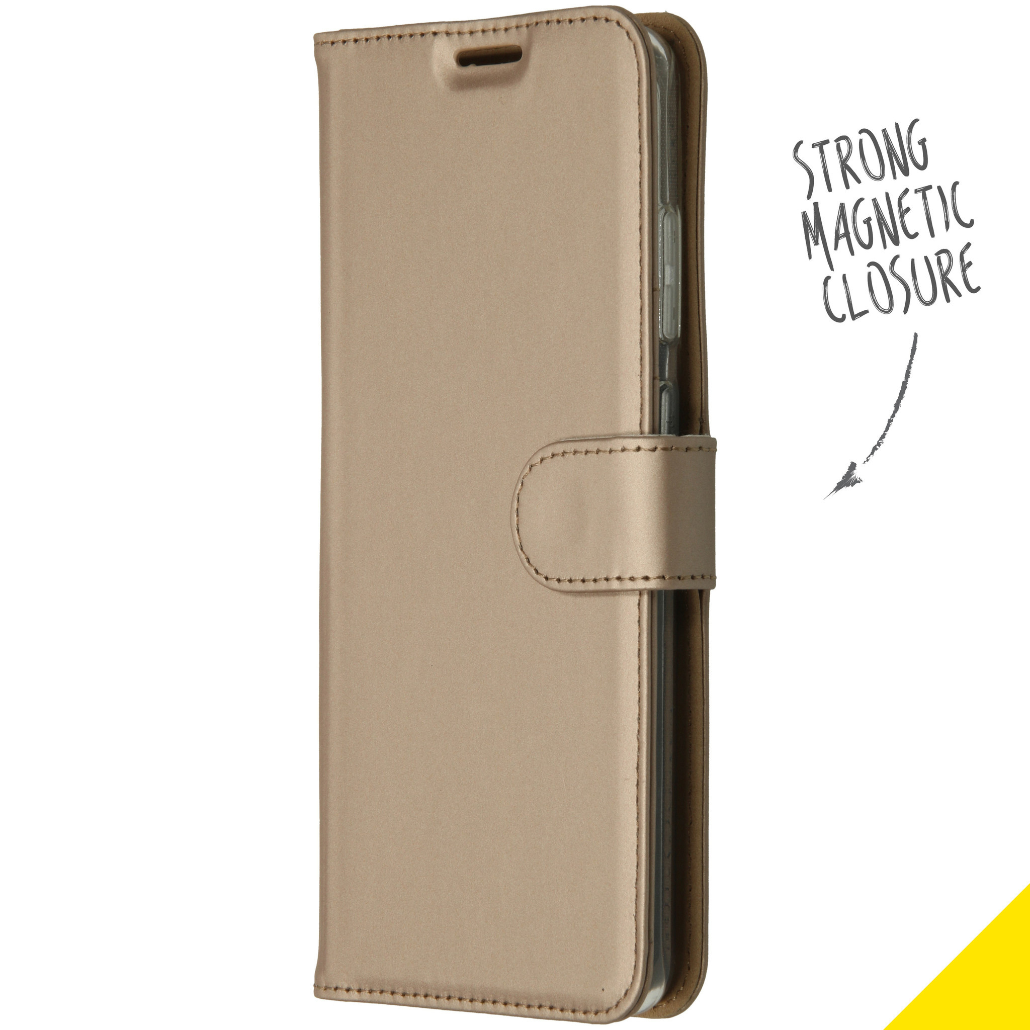 Gouden telefoonhoes, gesloten. Tekst: 'Sterke magnetische sluiting'.