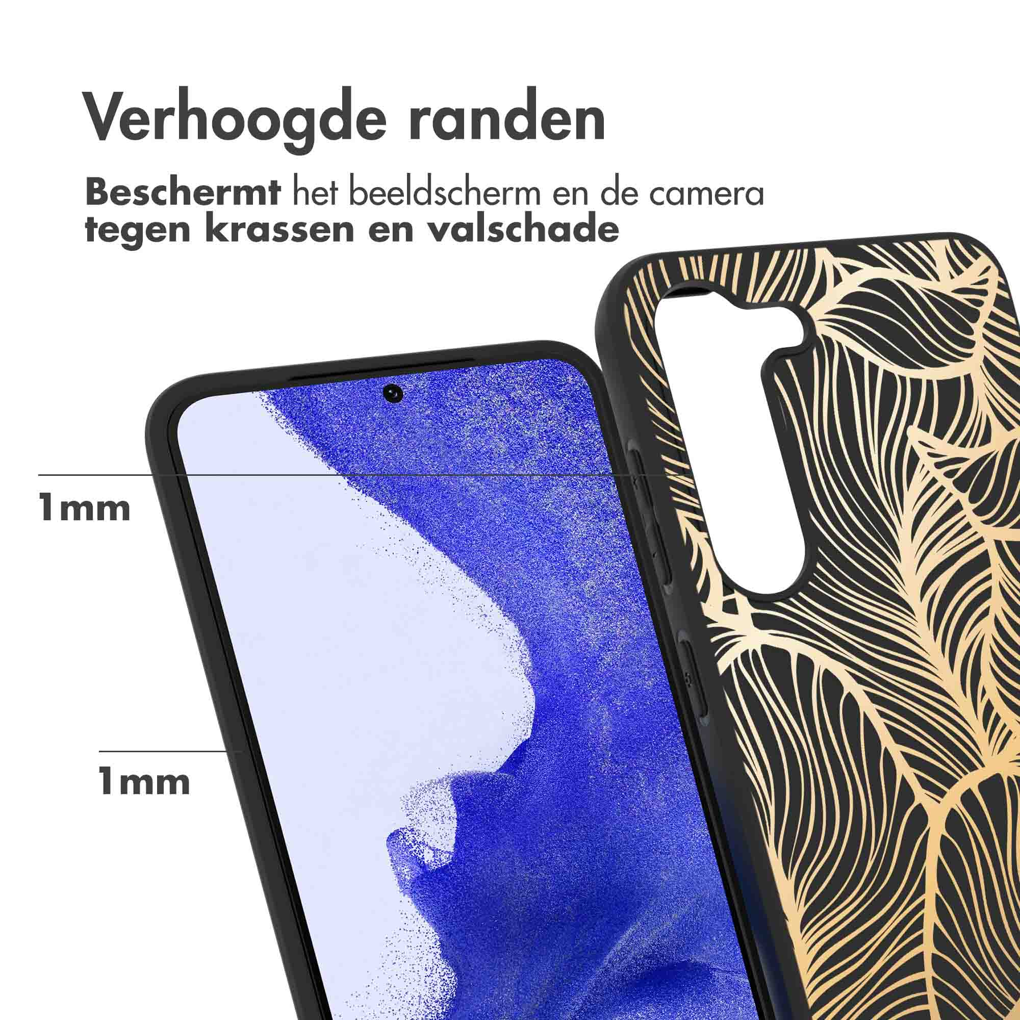 Phone screen, black case with gold leaf design. Text indicates raised screen edges.