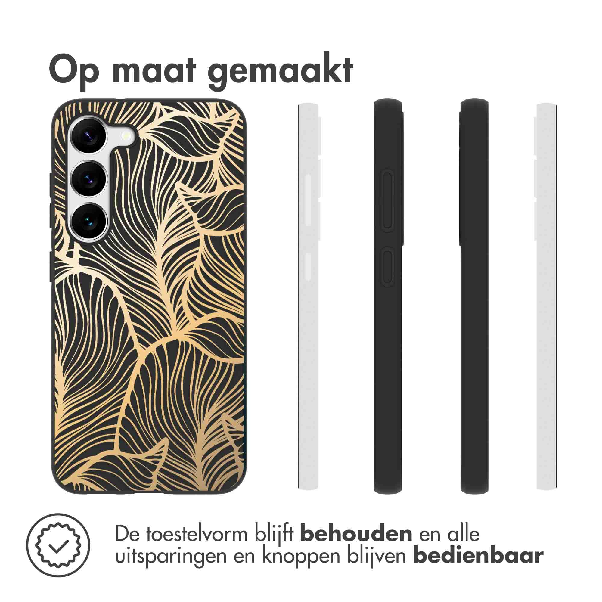 Phone case with a black and gold leaf design. Three other cases in white, black, and white are shown.