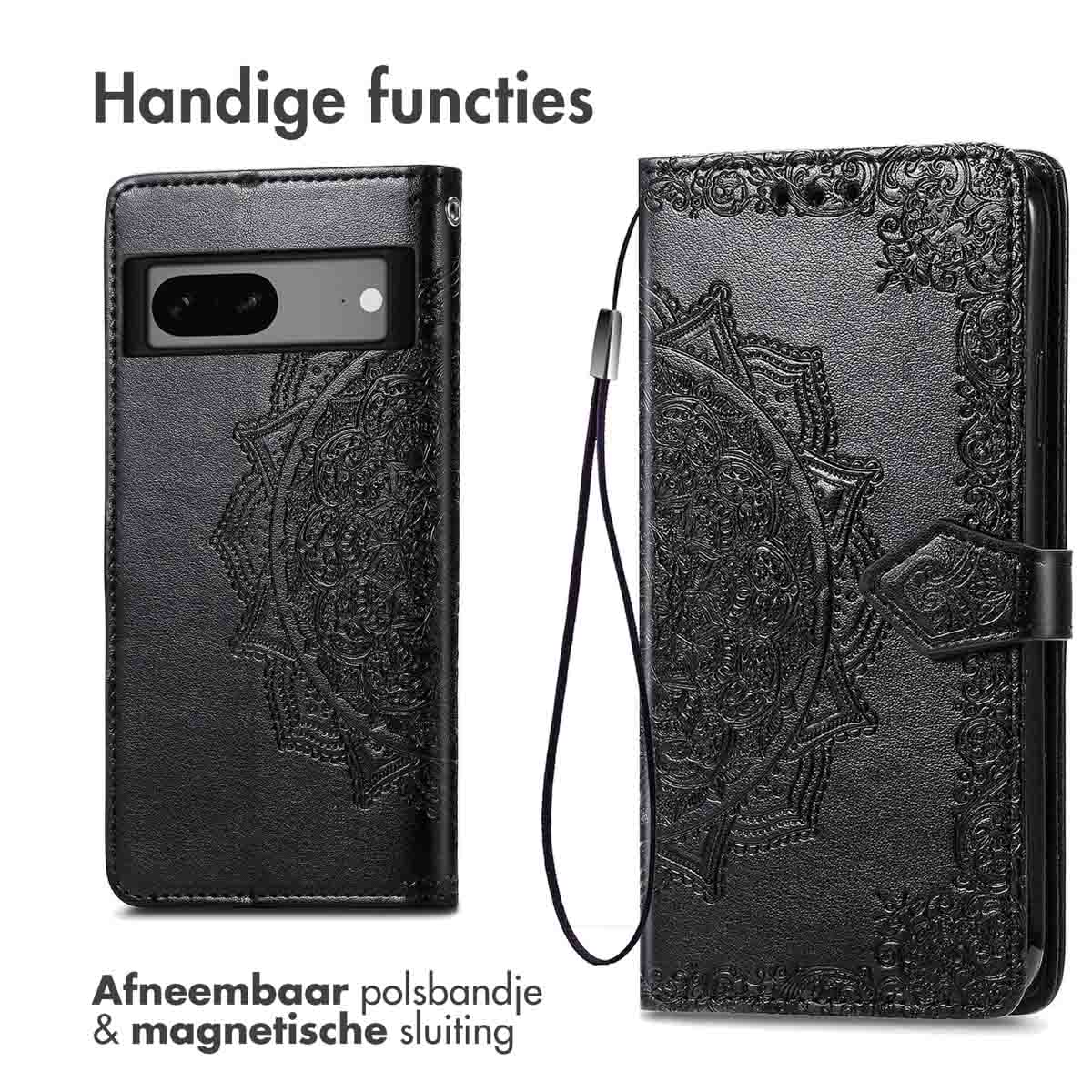 Schwarze Handyhülle mit Mandala-Design, Handschlaufe und Magnetverschluss.