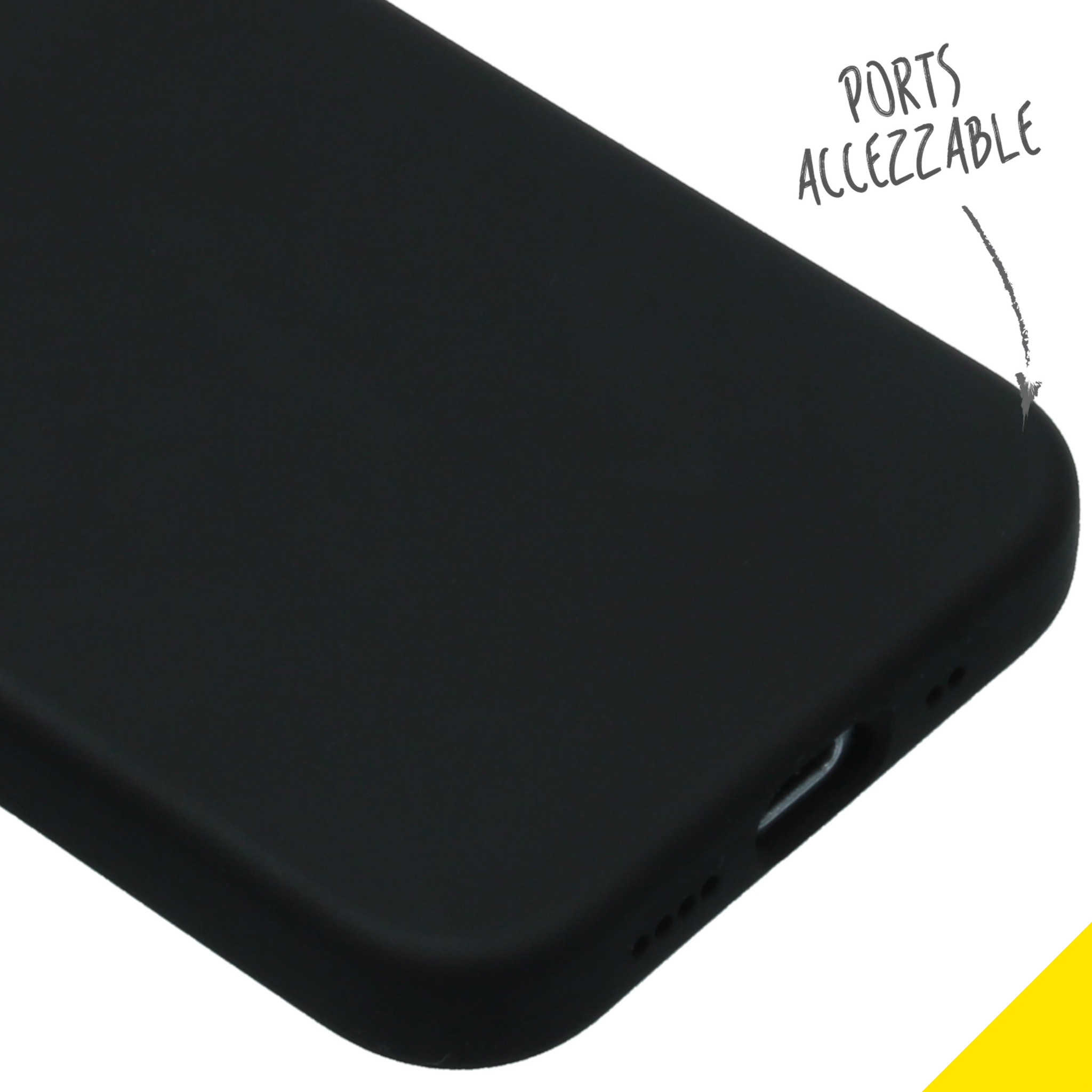 Close-up of a black phone case with accessible ports and the text 'PORTS ACCESSIBLE'.