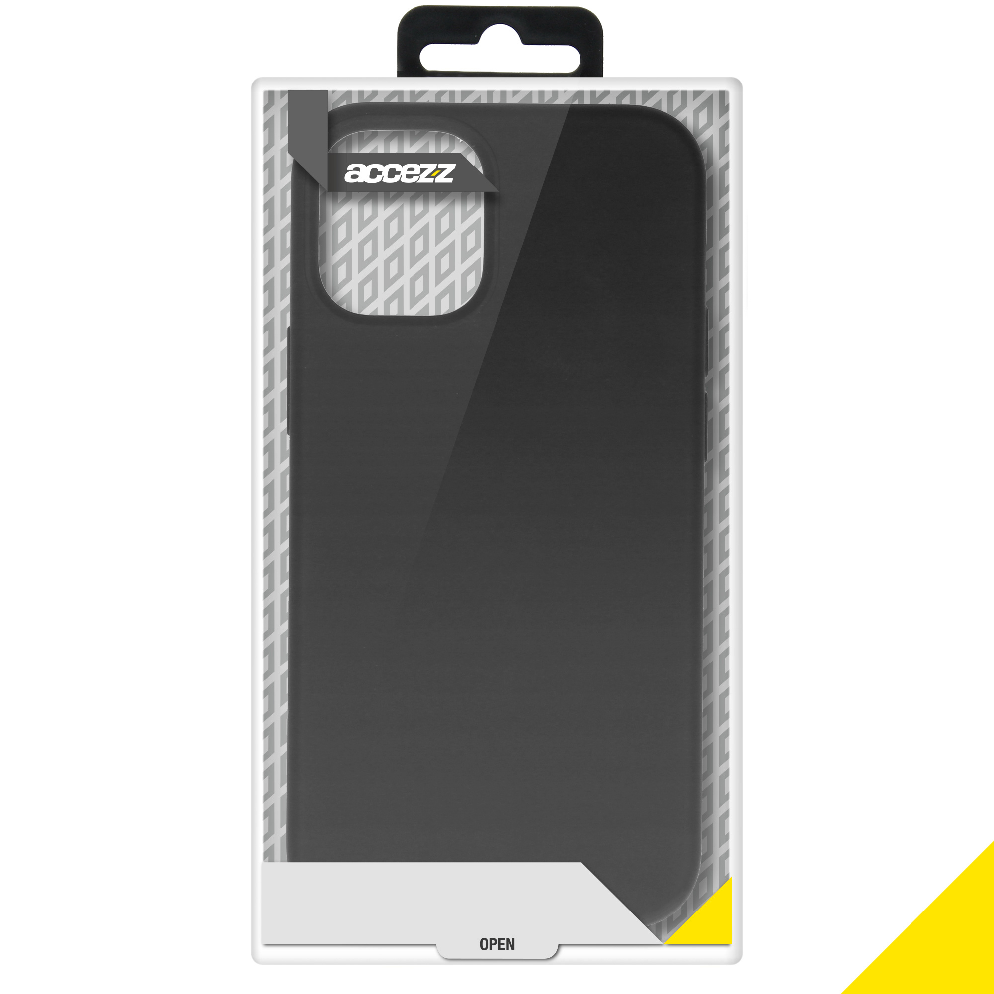 Black phone case in a box. The case is glossy and the box has 'accezz' logo.