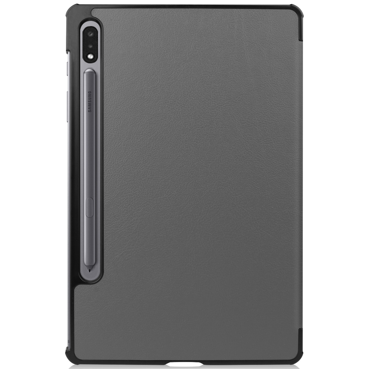 Étui de tablette gris avec un stylo. Le stylo est sur le côté.
