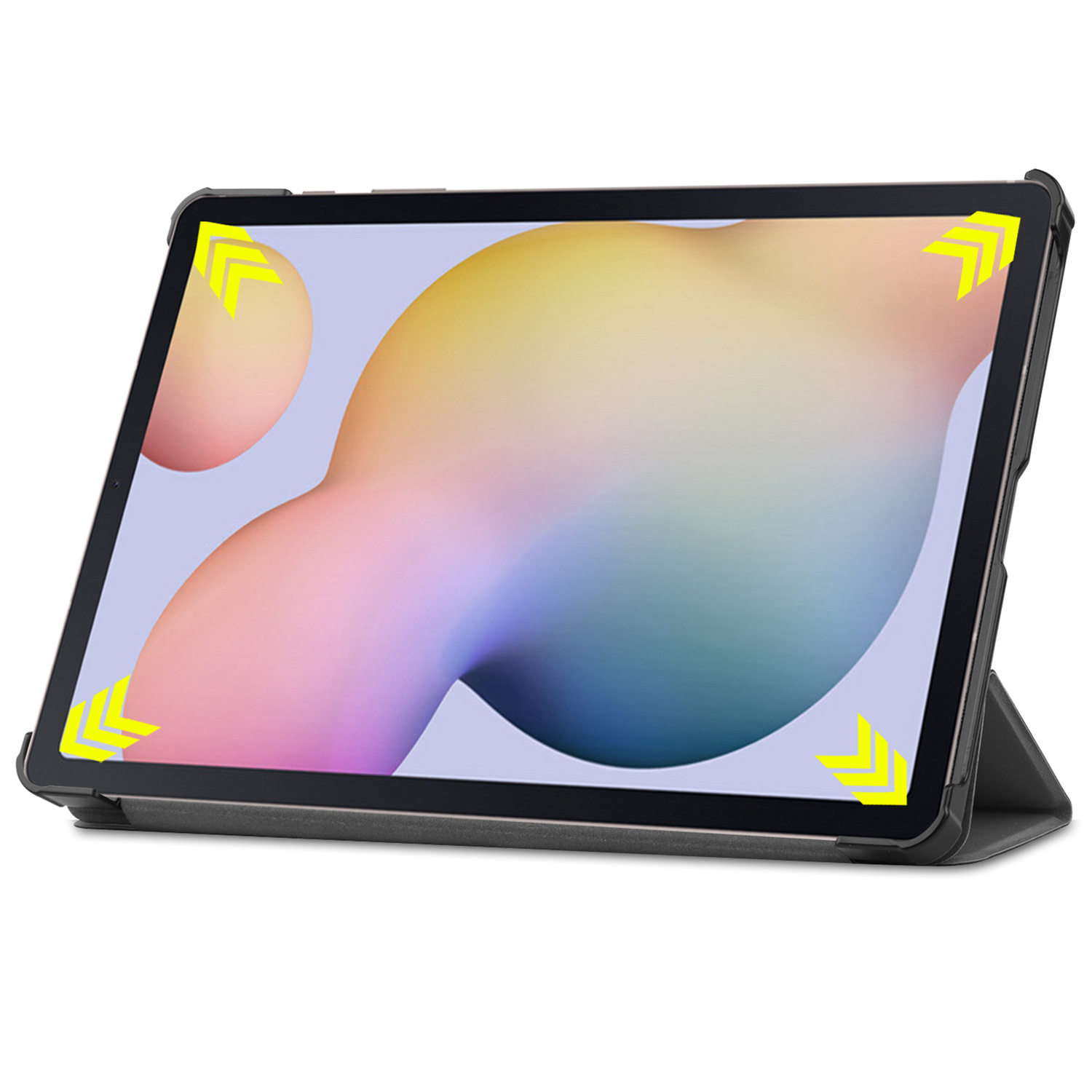 Tablette avec étui. Les flèches mettent en évidence les bords. Fond clair et support.