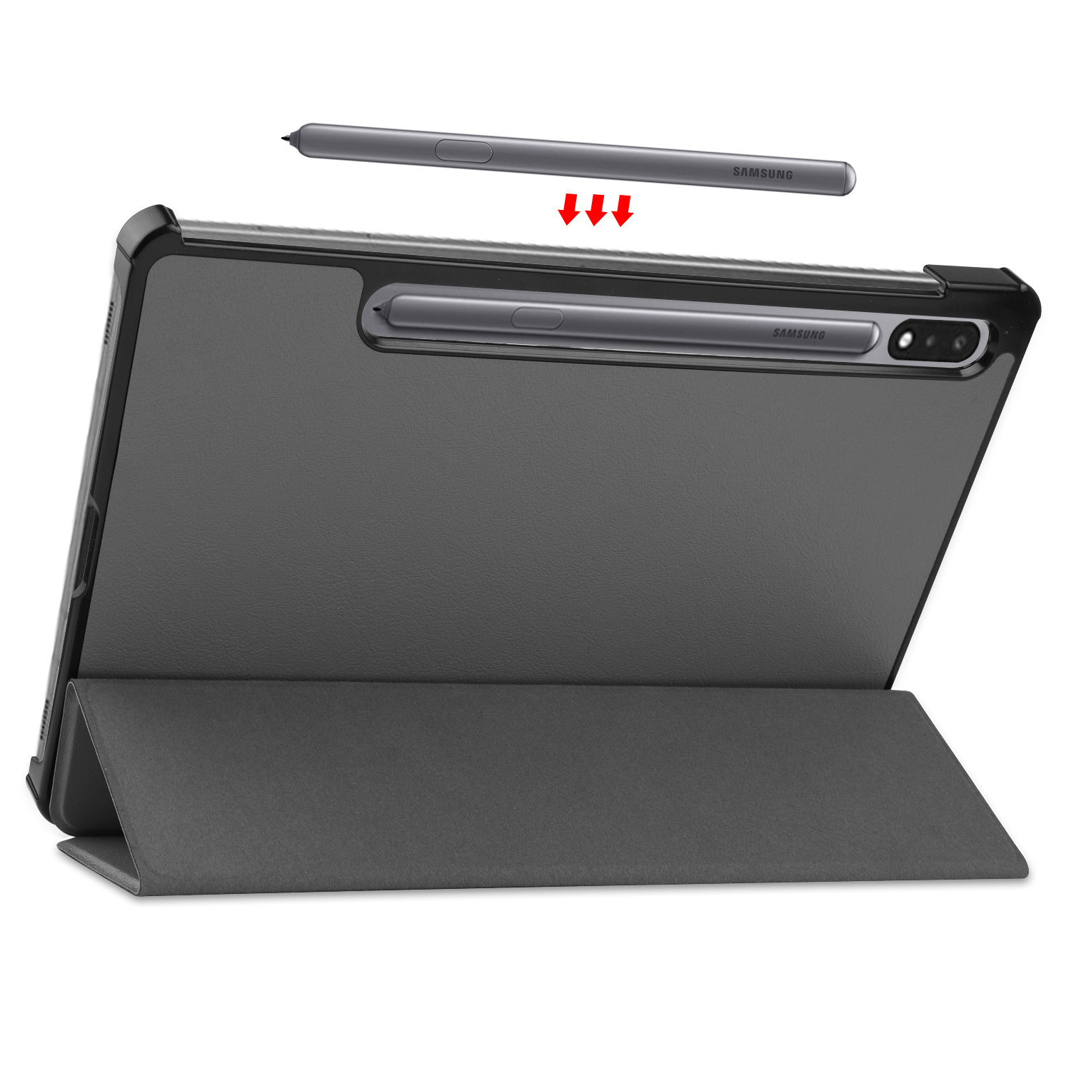 Tablette dans un étui avec un stylet. La tablette est grise.