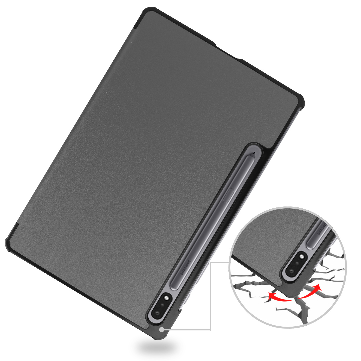Étui de tablette gris et gros plan sur le coin. Tablette avec stylet à l'intérieur.