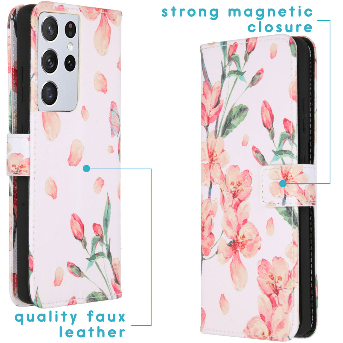 Een bloemen telefoonhoesje. Roze bloemen op een witte achtergrond. Sterke magnetische sluiting en kwaliteitskunstleer.