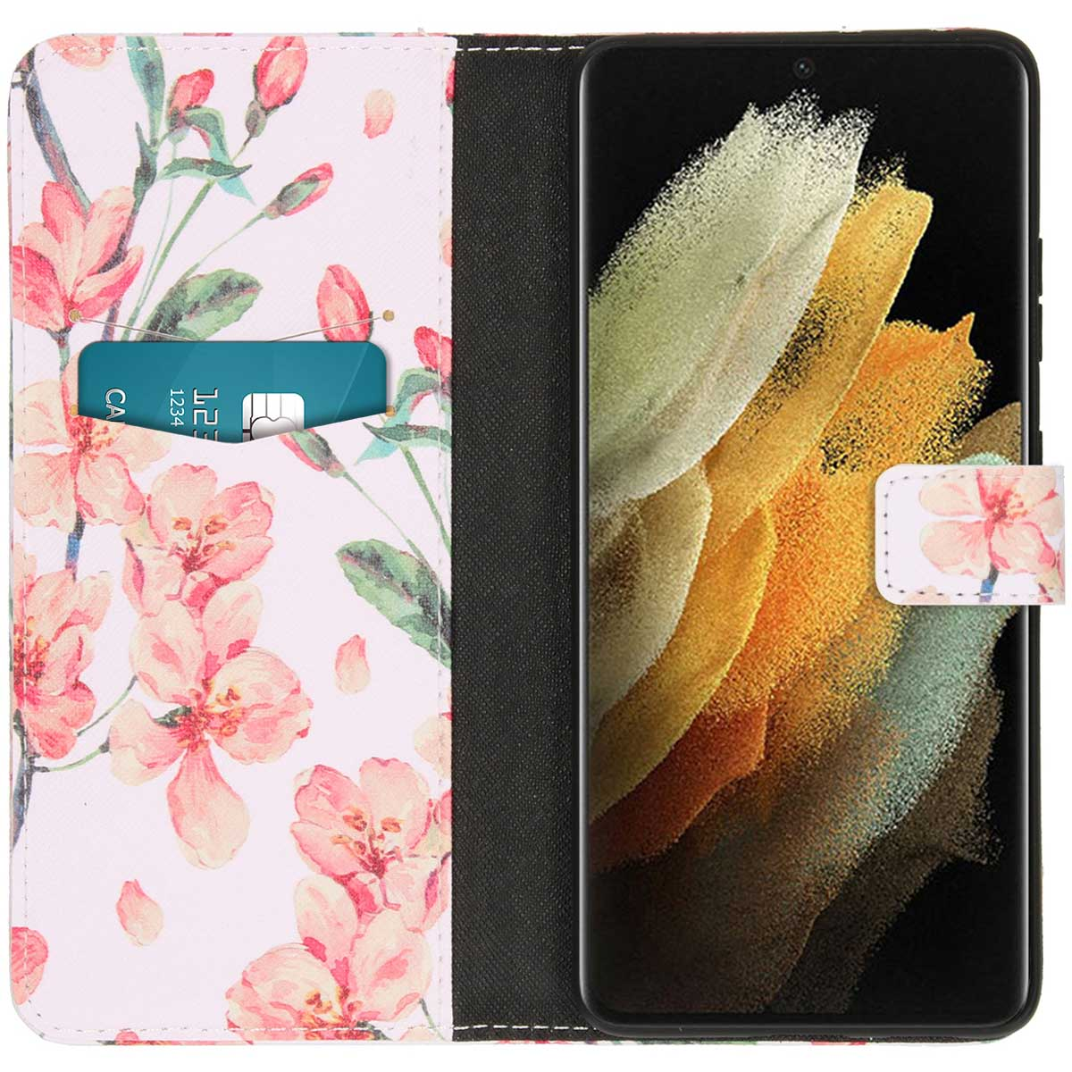 Telefoonhoesje met bloemenpatroon, open met creditcard en telefoon erin.