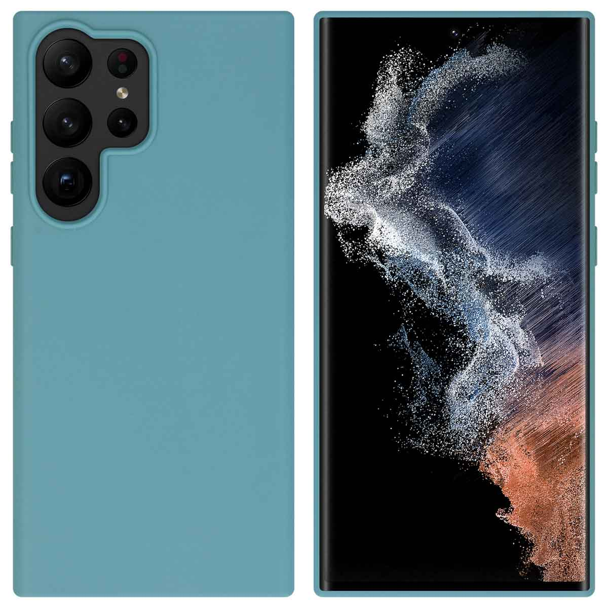 Blauwe telefoonhoes links, en een telefoon rechts met het scherm aan.