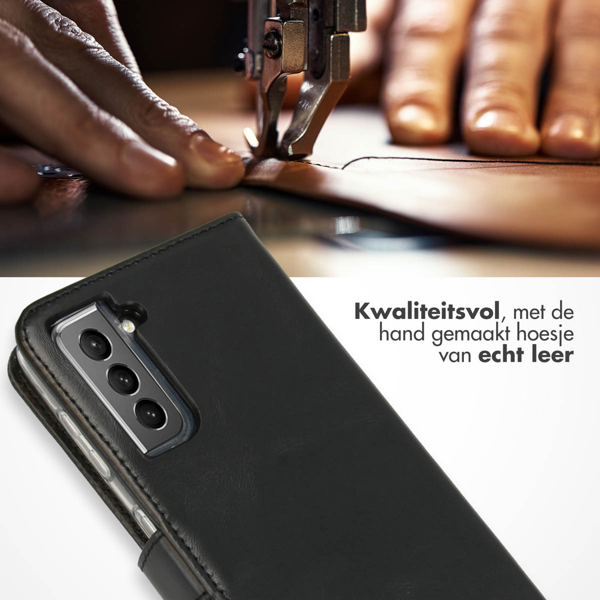 A black leather phone case is being sewn. The text says 'Quality, handmade with genuine leather'.