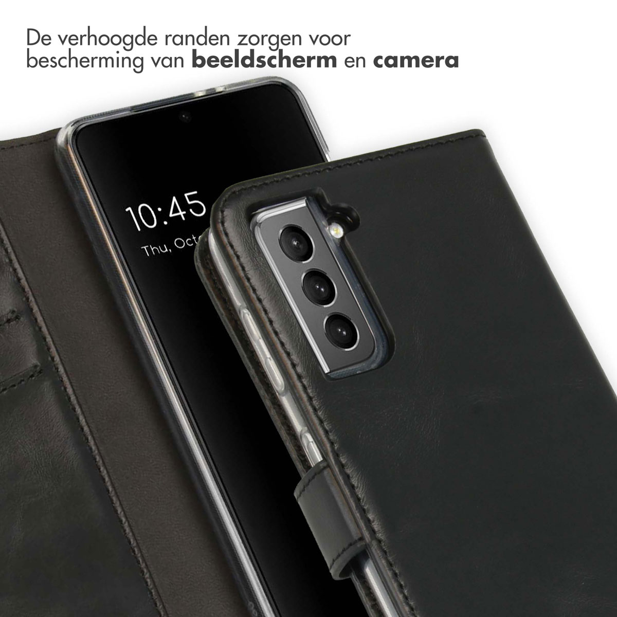 Zwarte telefoonhoes met telefoon erin. Tekst: Verhoogde randen beschermen scherm en camera.