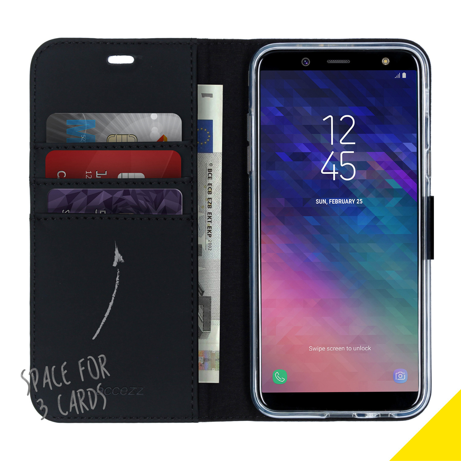 Coque de téléphone noire avec un téléphone. Il a un design de portefeuille. Il y a de la place pour les cartes et de l'argent.