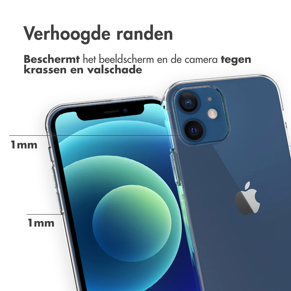 Téléphone avec une coque transparente et des bords surélevés. Texte : « Protège l'écran et l'appareil photo des rayures ».