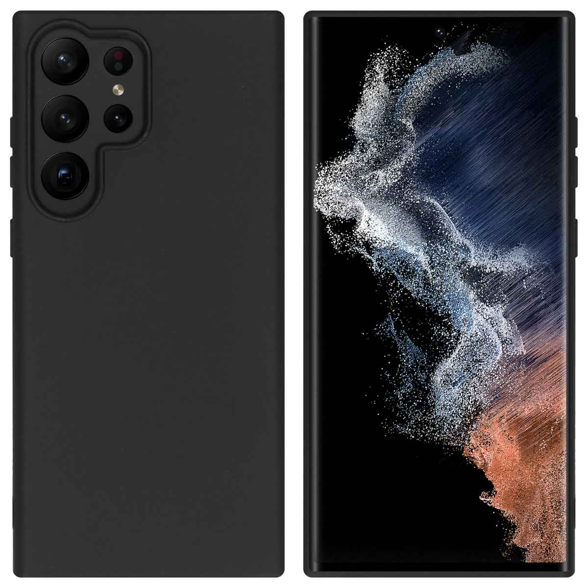 Twee zwarte telefoonhoesjes. Eén zit op de telefoon en de andere toont de achterkant van de telefoon.
