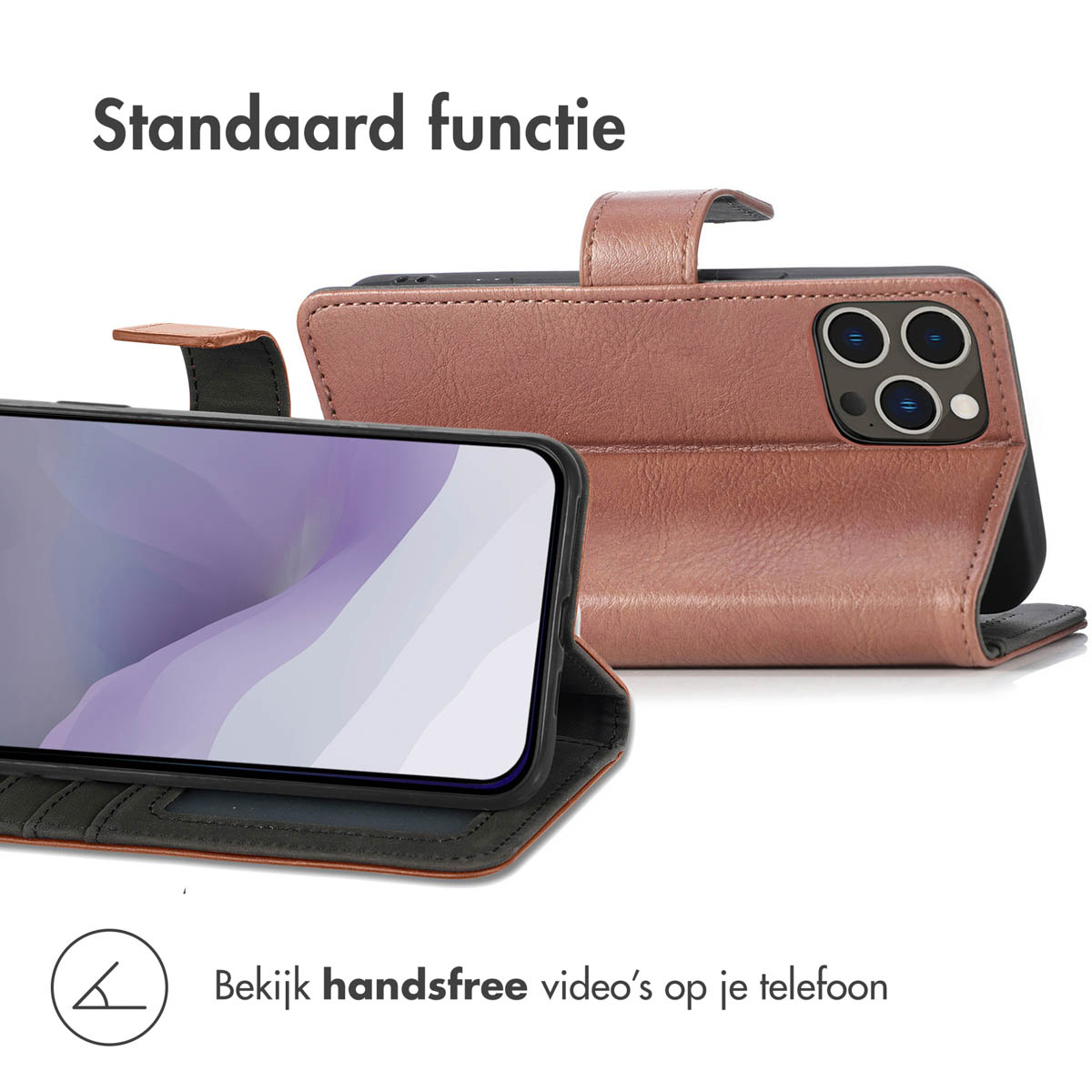 Funda de teléfono de cuero marrón, abierta, con teléfono levantado. El texto dice: Función estándar.