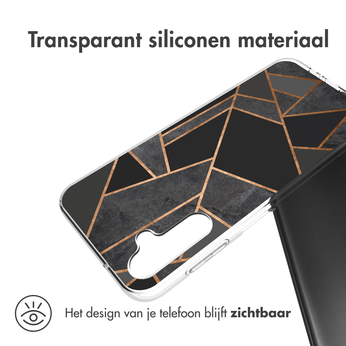 Transparante telefoonhoes met een geometrisch ontwerp, die de telefoon laat zien. Tekst: 'Het design van je telefoon blijft zichtbaar'.