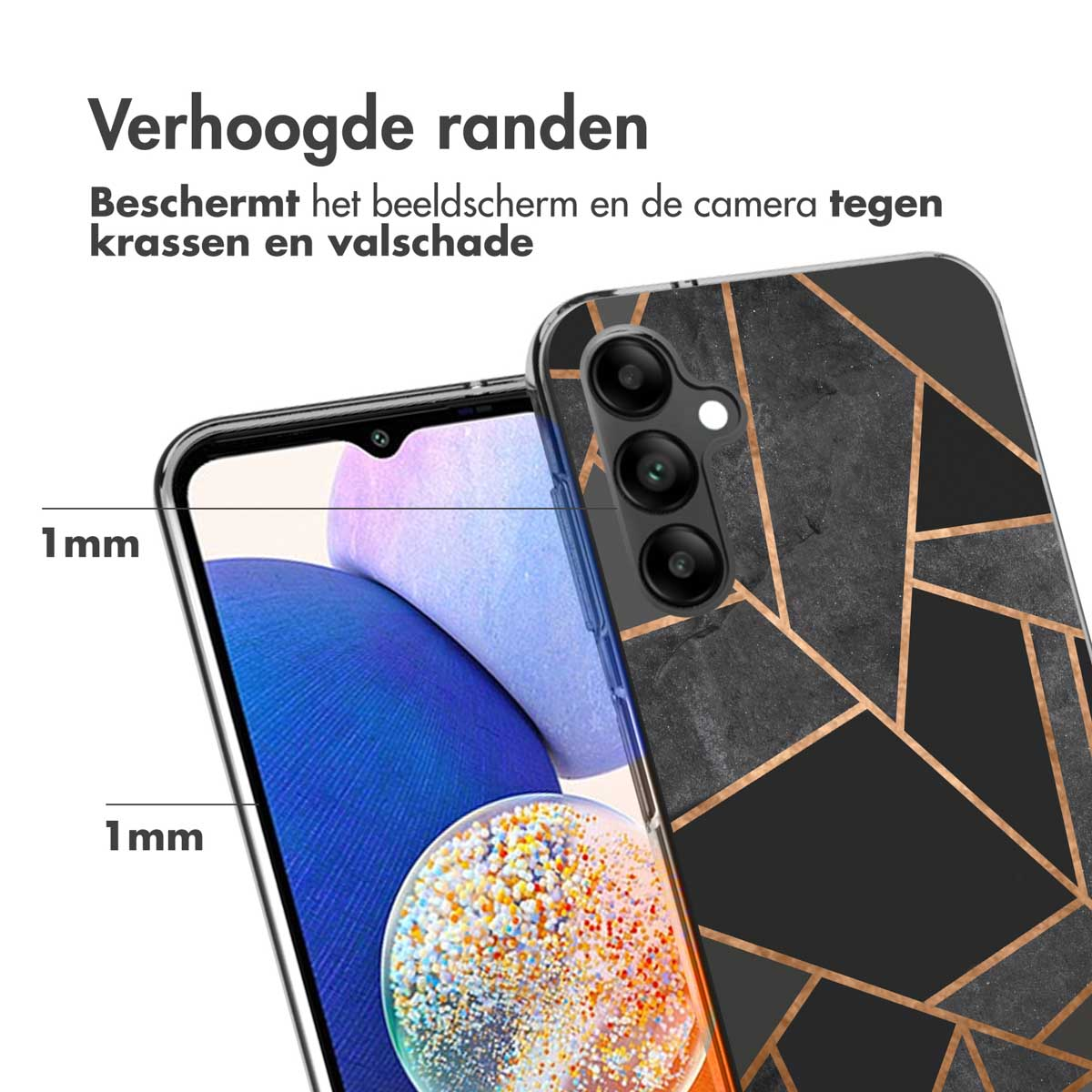 Telefoonhoesje met een zwart en goud ontwerp op de achterkant, en tekst die 1 mm verhoogde randen aangeeft.
