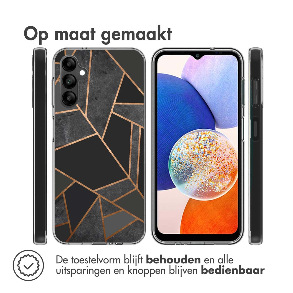 Zwarte telefoonhoes met een geometrisch patroon. Tekst zegt dat de telefoon zijn vorm behoudt.