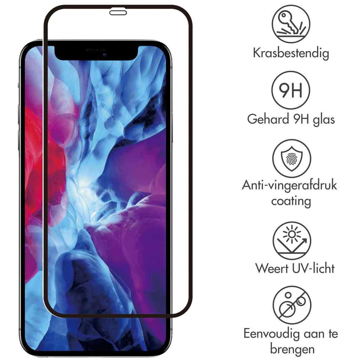 Téléphone avec protecteur d'écran. Le téléphone affiche un fond coloré. Le protecteur est transparent.