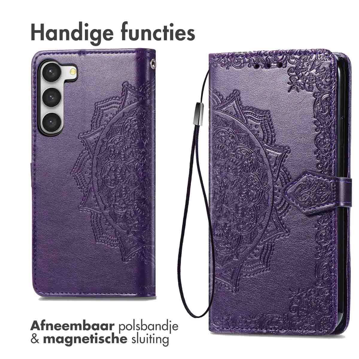 Paarse telefoonhoes open en dicht. Het heeft een mandala-ontwerp en een polsbandje.