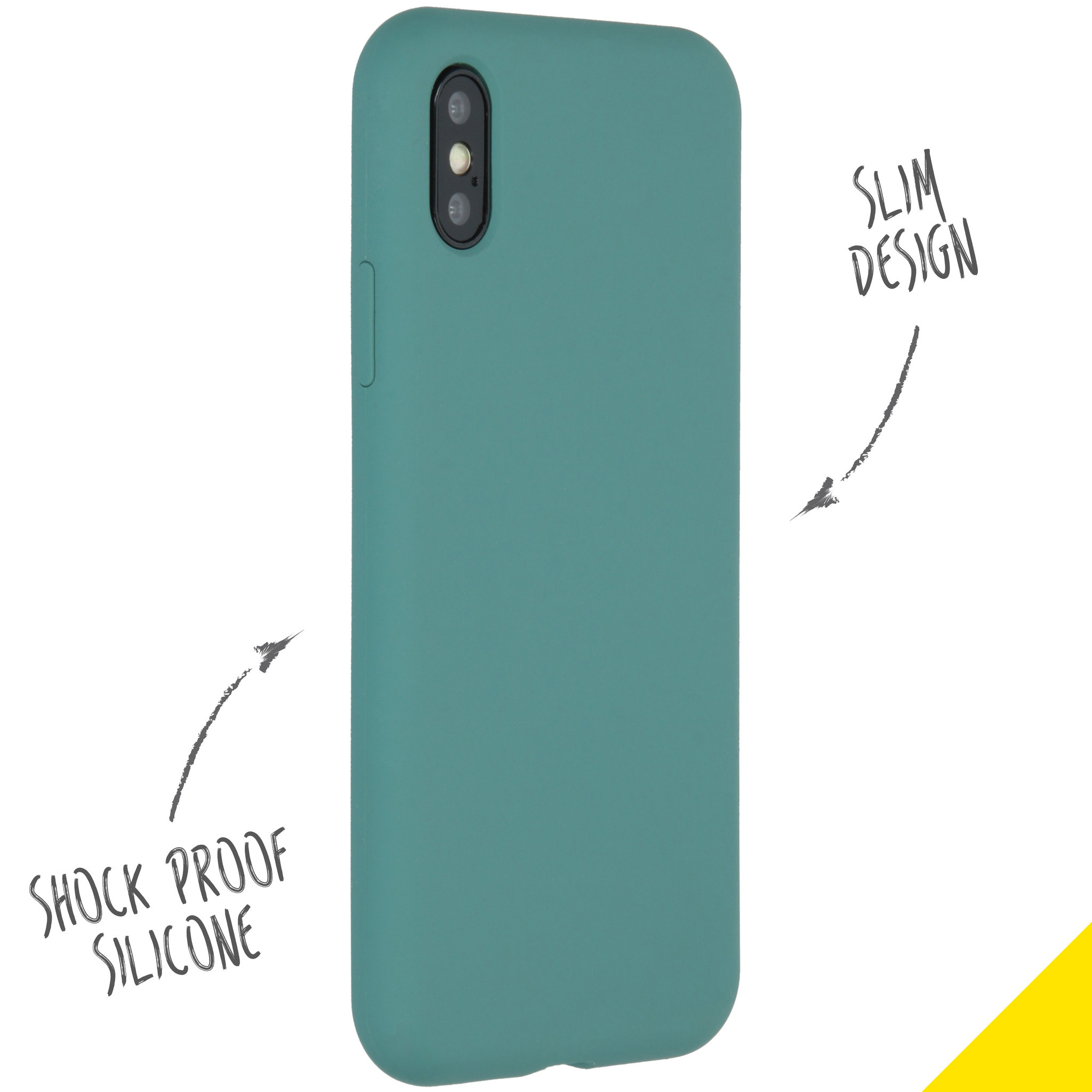 Türkisfarbene Handyhülle, isoliert auf Weiß. Es hat eine einzelne Kamera. Der Text lautet 'Shock Proof Silicone'.