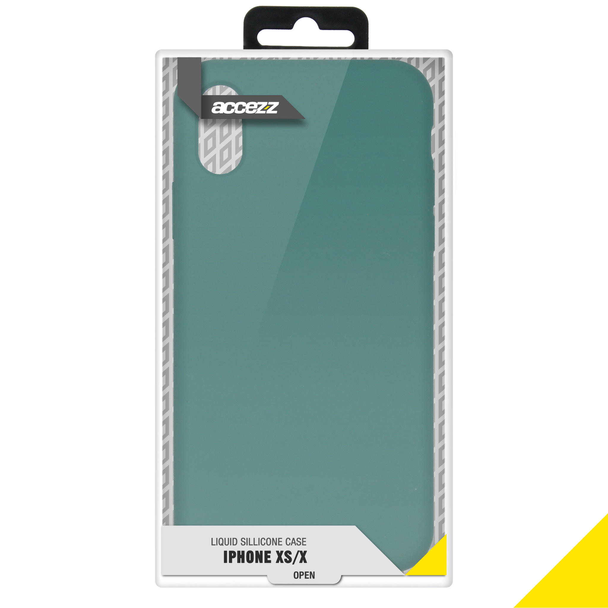 Telefonhüllenverpackung. Grüne Hülle auf weißem Hintergrund. Text 'iPhone XS/X'.
