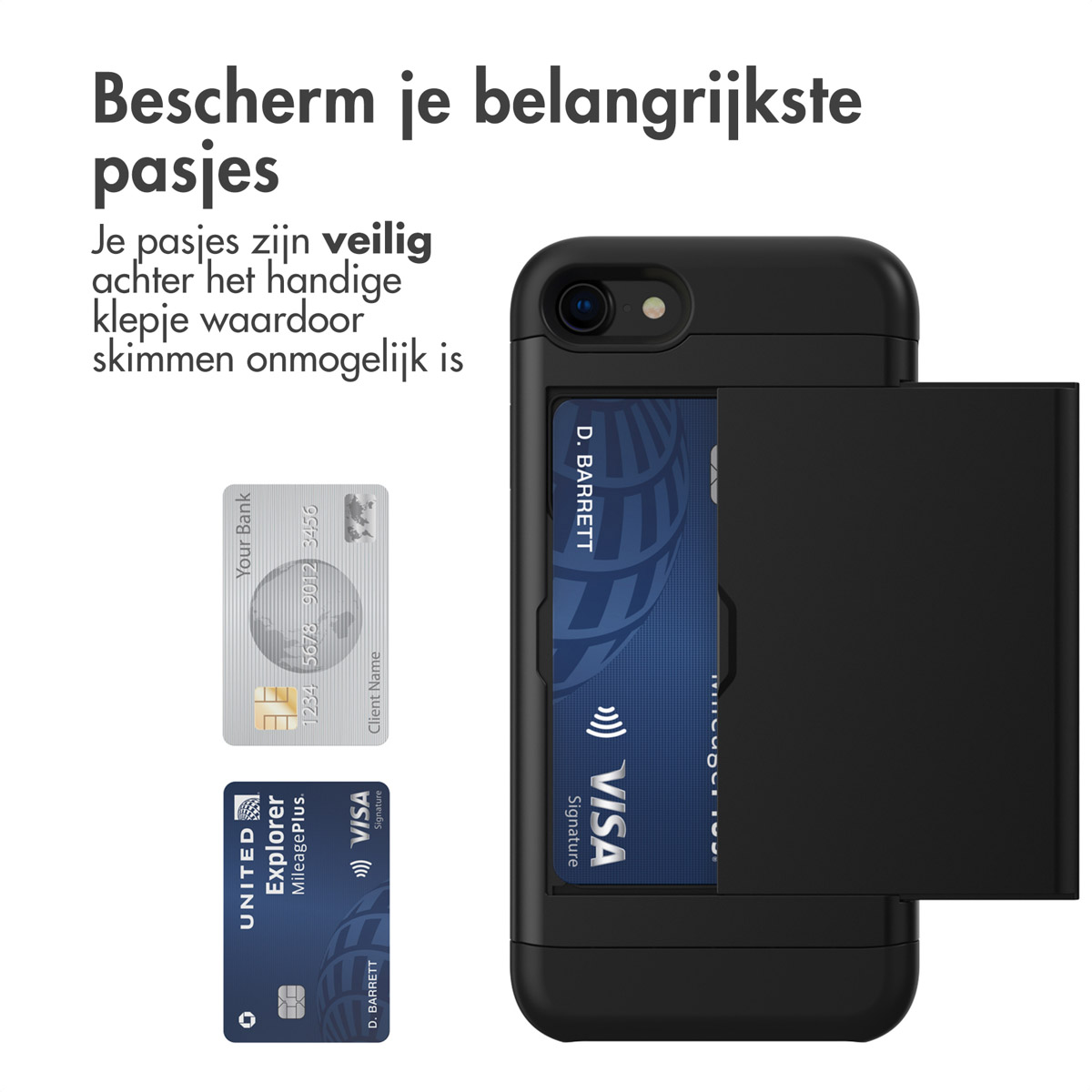 Zwarte telefoonhoes met kaartsleuven. Twee kaarten zijn zichtbaar: een met bankgegevens, een met logo.