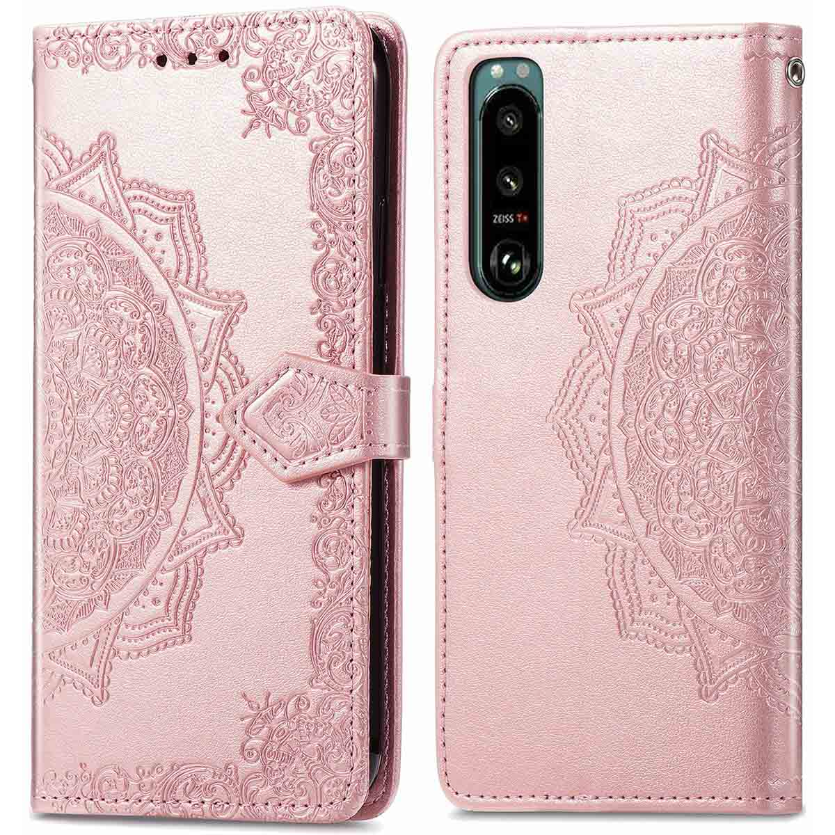 Étui de téléphone rose avec motif en relief. Étui ouvert avec téléphone à l'intérieur.