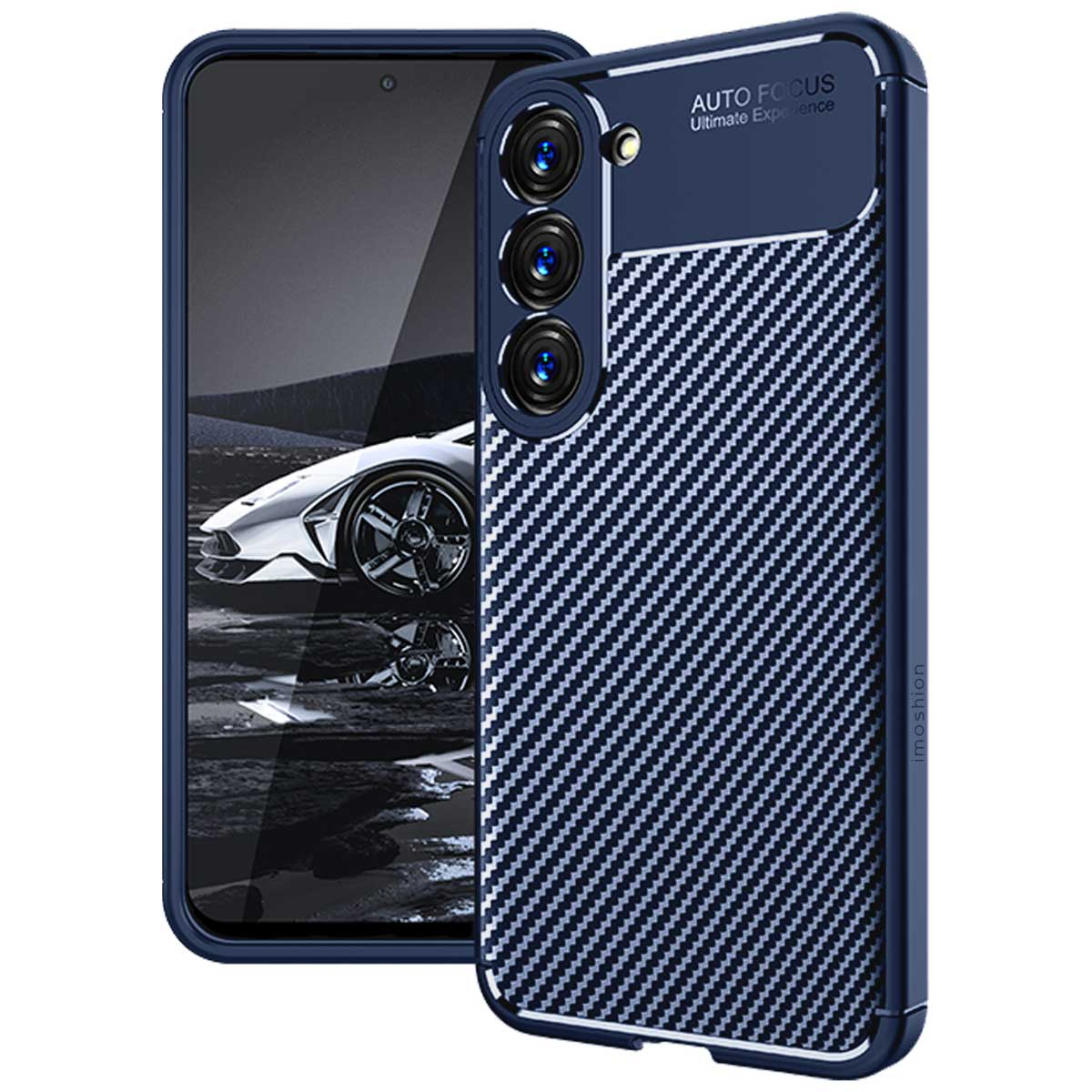 Coque bleue avec motif fibre de carbone, écran de téléphone visible. Texte 'Auto Focus' et 'Ultimate Experience'.