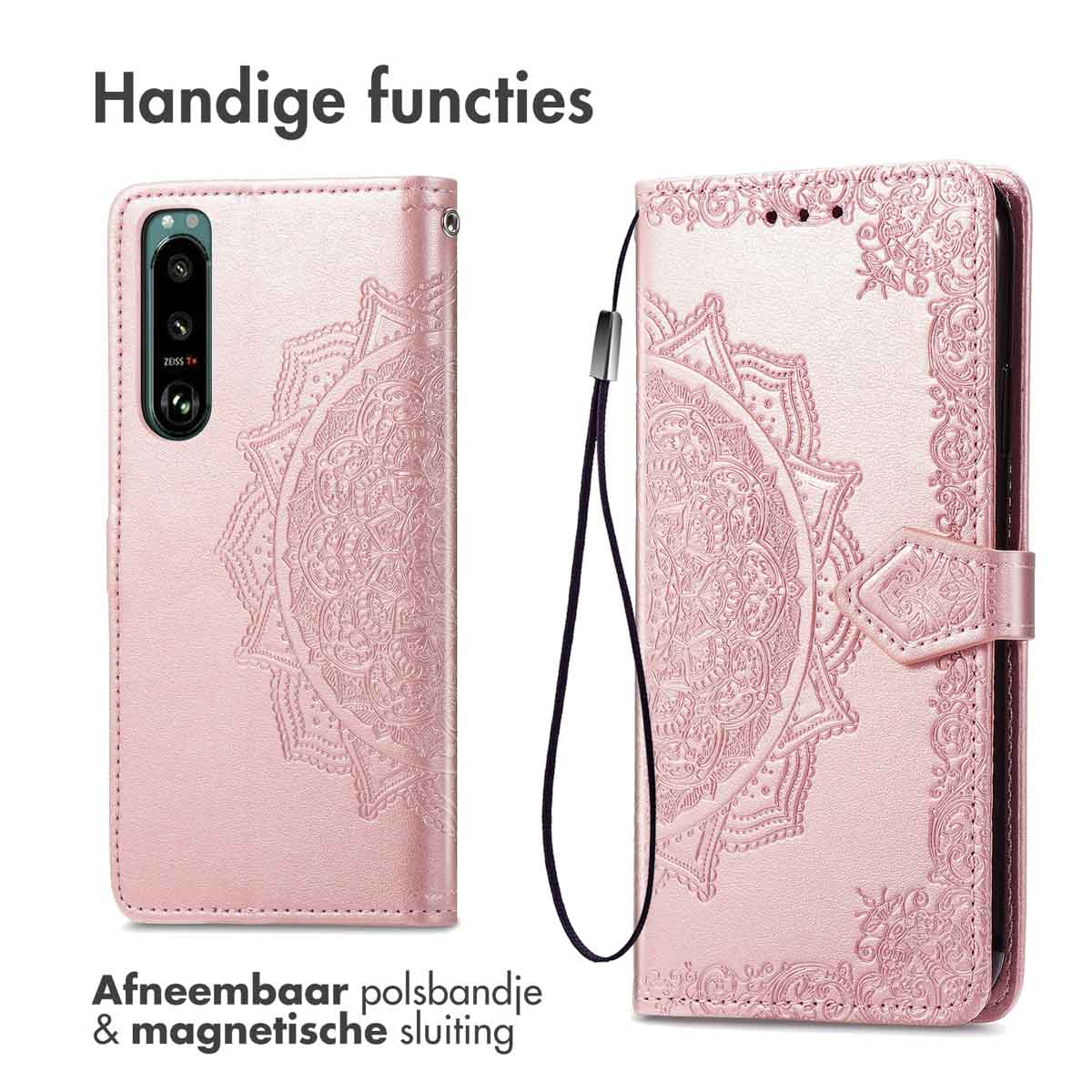 Étui de téléphone rose, ouvert avec un téléphone à l'intérieur. Texte : Dragonne amovible et fermeture magnétique.