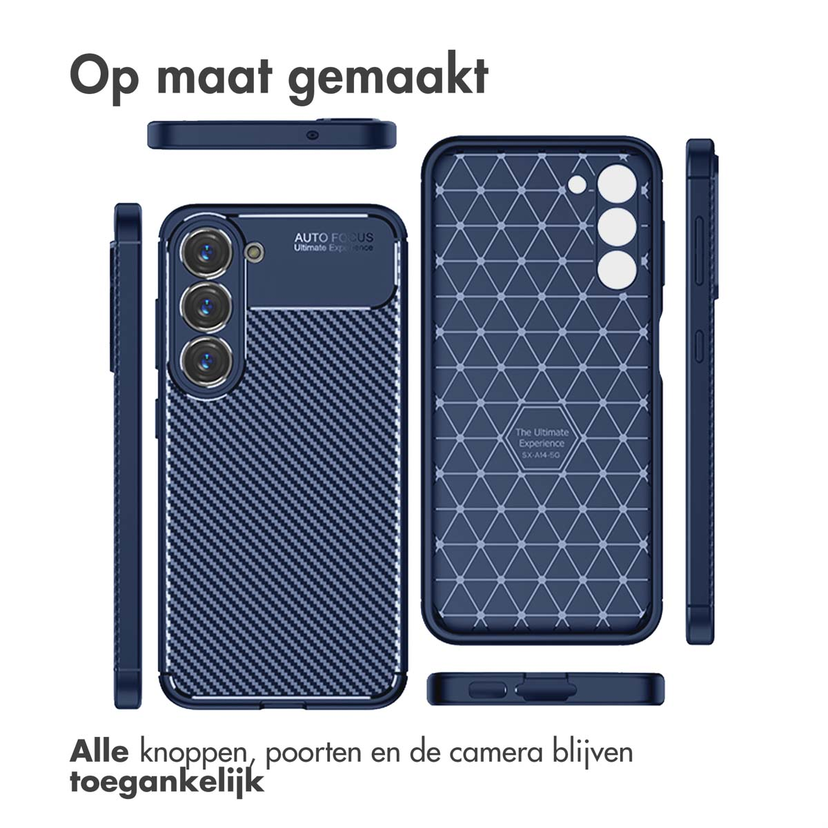 Coque de téléphone bleue avec téléphone bleu. Il a un aspect fibre de carbone. Le texte dit : 'The Ultimate Experience'.