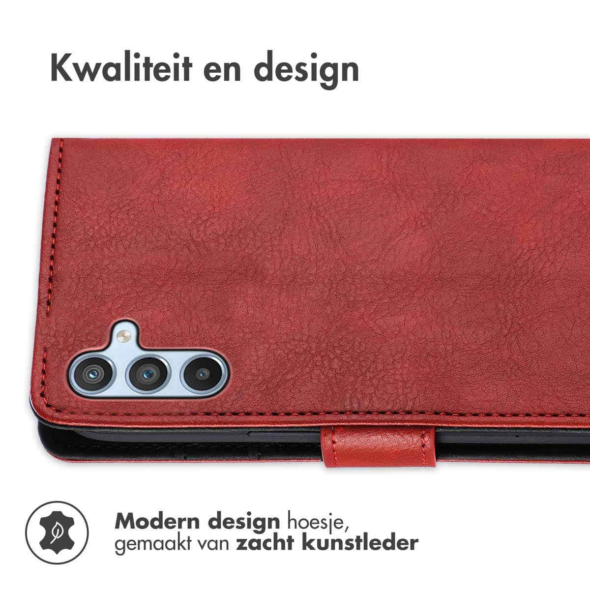 Rode telefoonhoes open, met de telefoon en de binnenkant van de hoes.