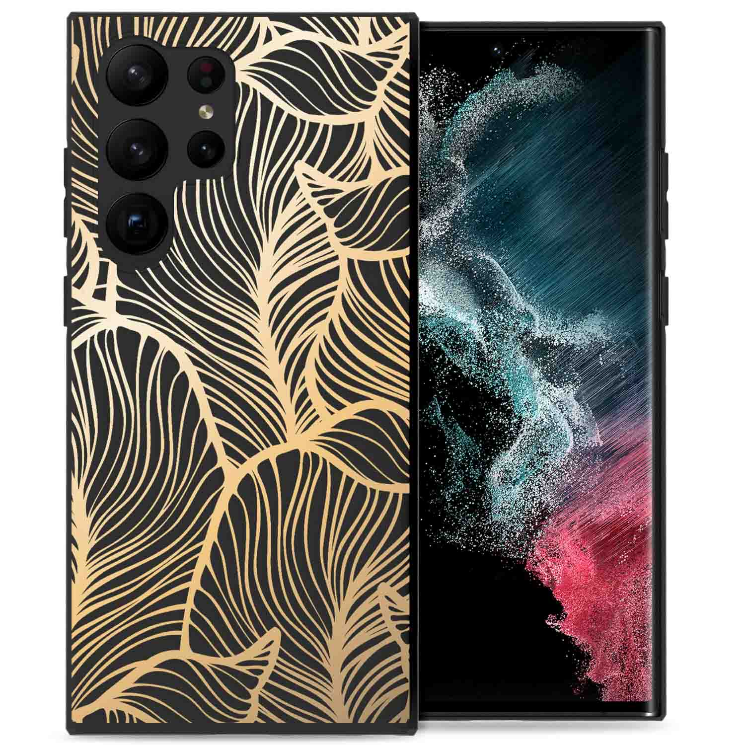 Schwarz-goldene Handyhülle mit Blattdesign auf schwarzem Hintergrund. Telefonbildschirm rechts.
