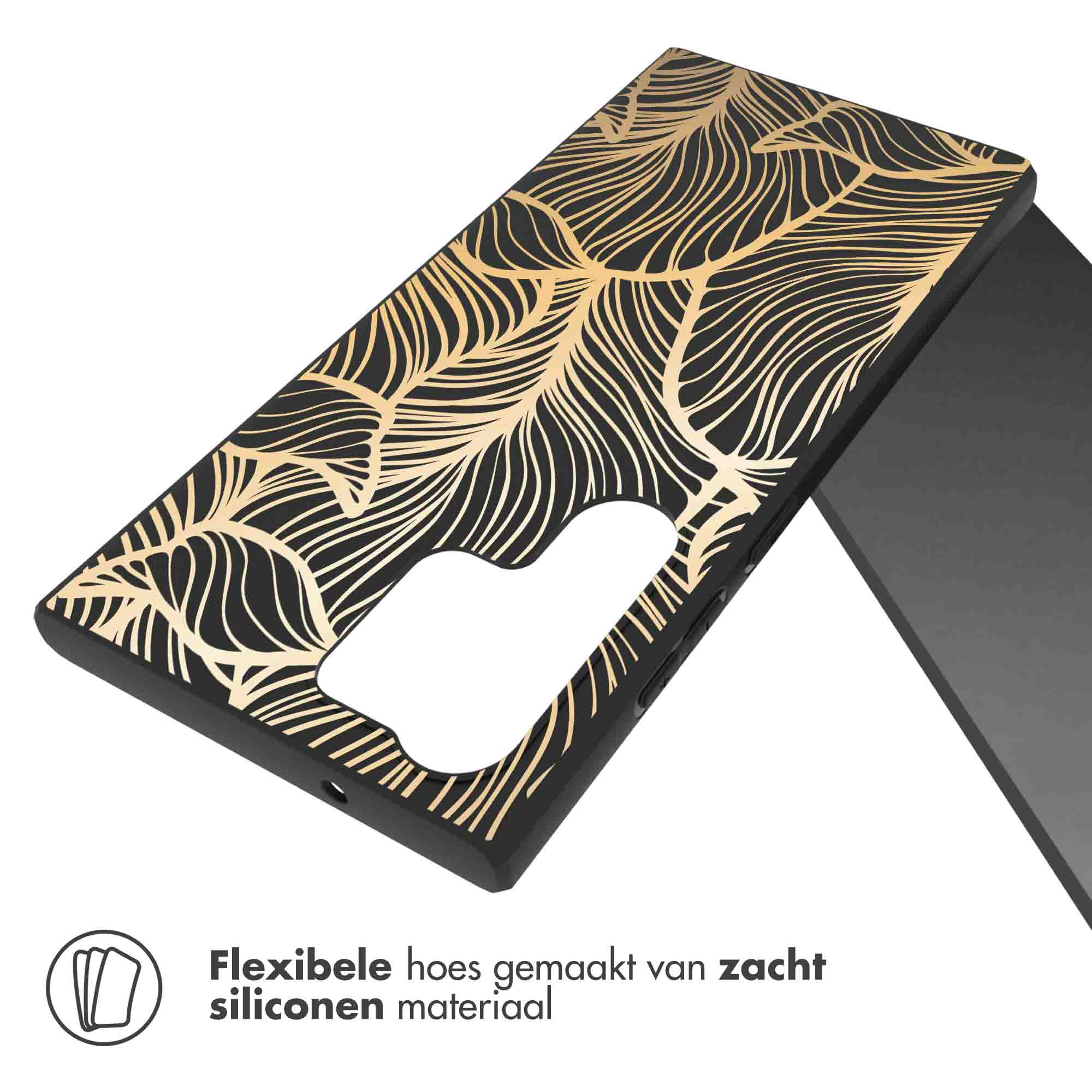 Schwarze Handyhülle mit goldenem Blattdesign, Text: 'Flexible Hülle aus weichem Silikon'.