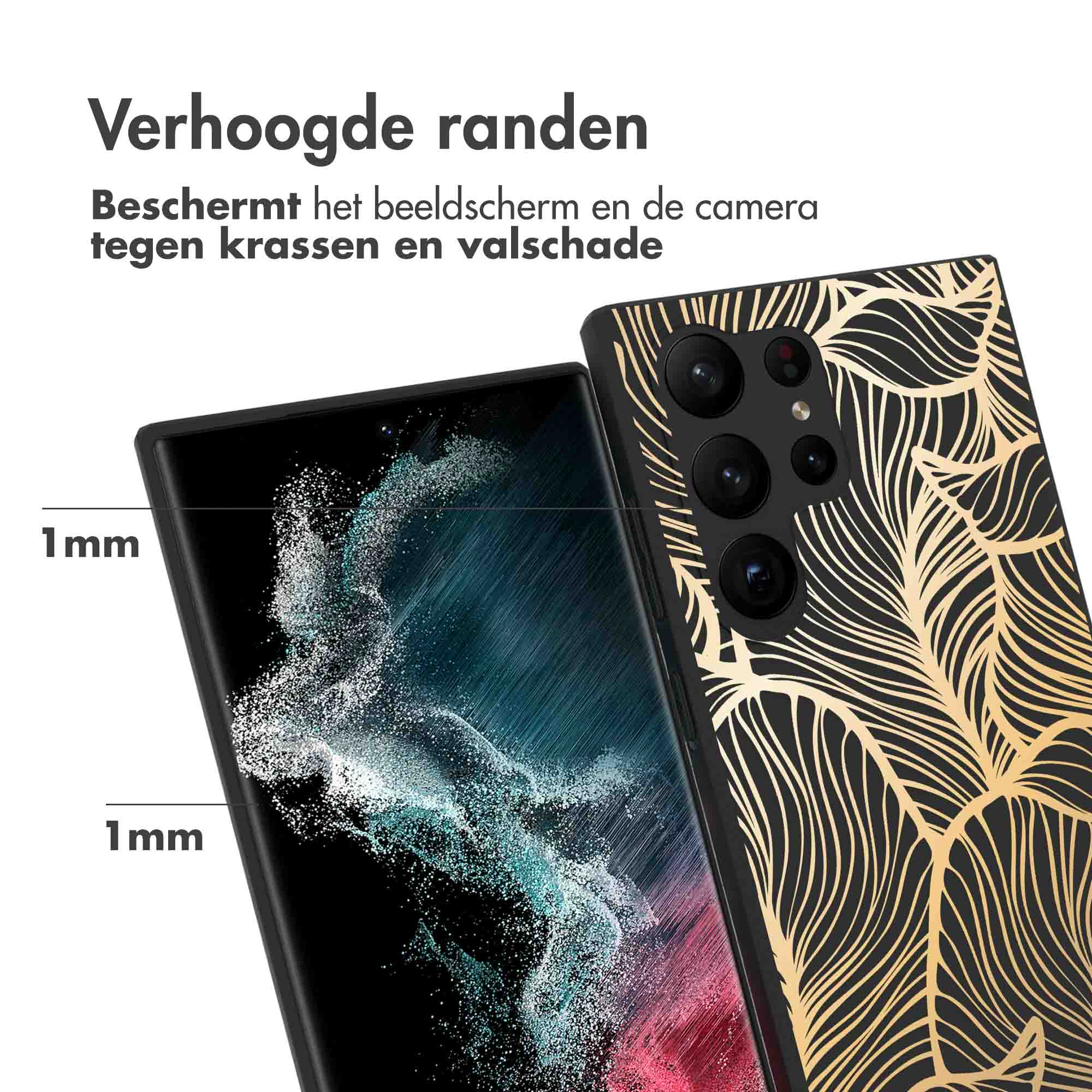 Telefonbildschirm, schwarzes Gehäuse mit goldenem Blattdesign. Erhöhte Bildschirmränder.