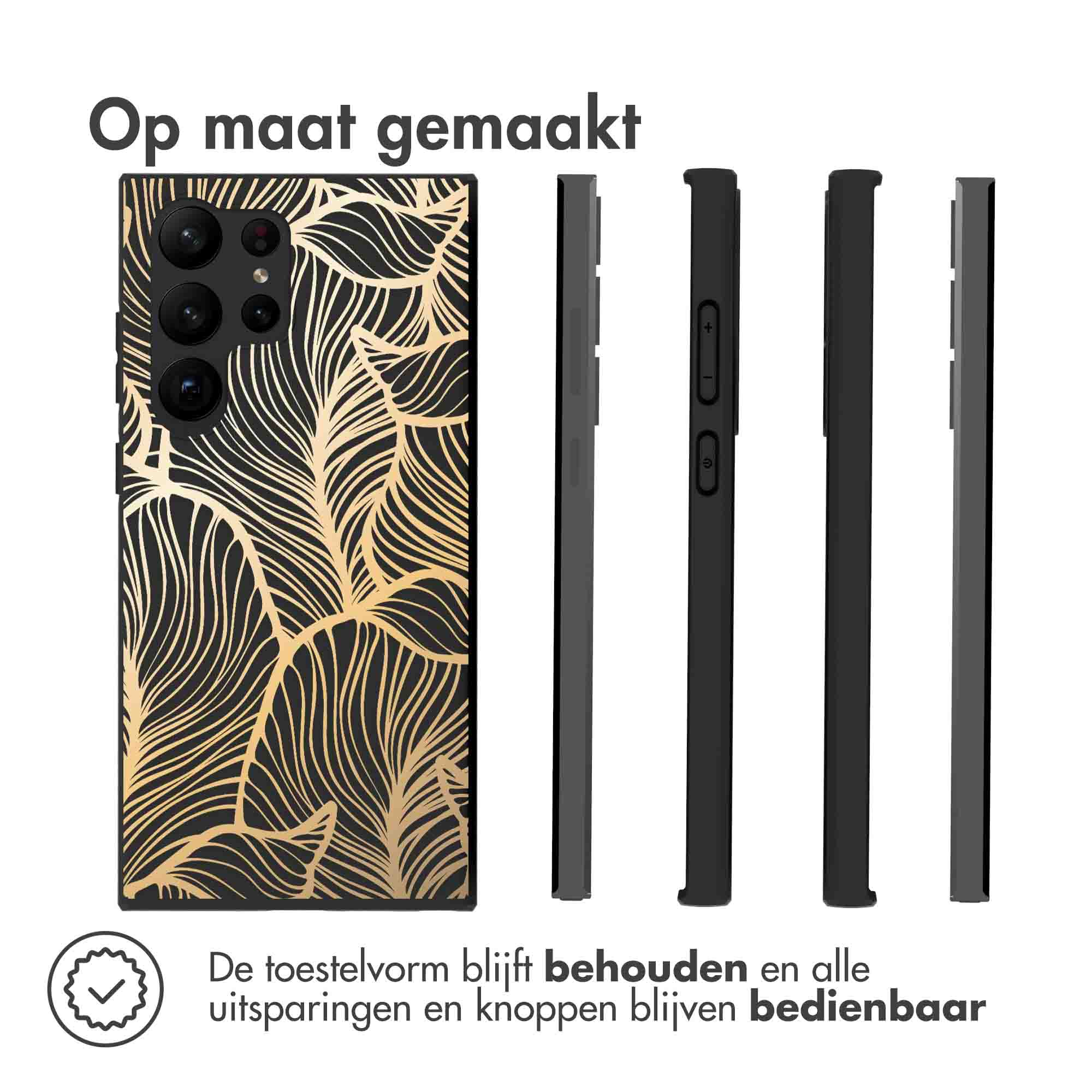 Handyhülle mit einem schwarz-goldenen Blattdesign. Drei weitere Hüllen werden gezeigt.
