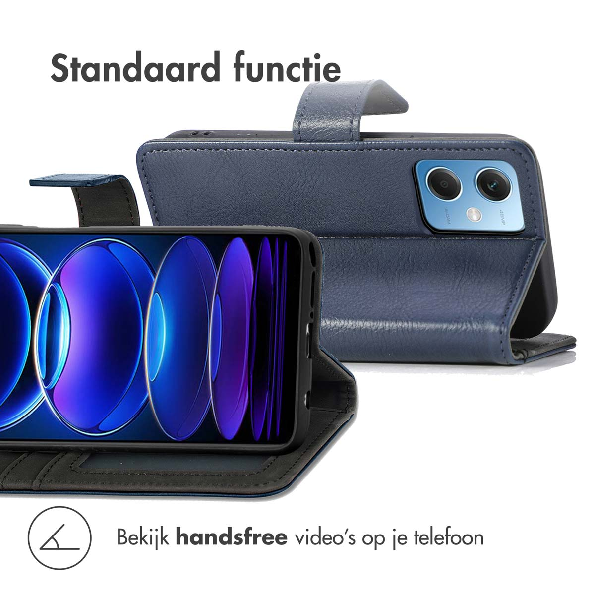 Blauwe telefoonhoes met een telefoon erin. Tekst: Standaard functie. Bekijk handsfree video's op je telefoon.
