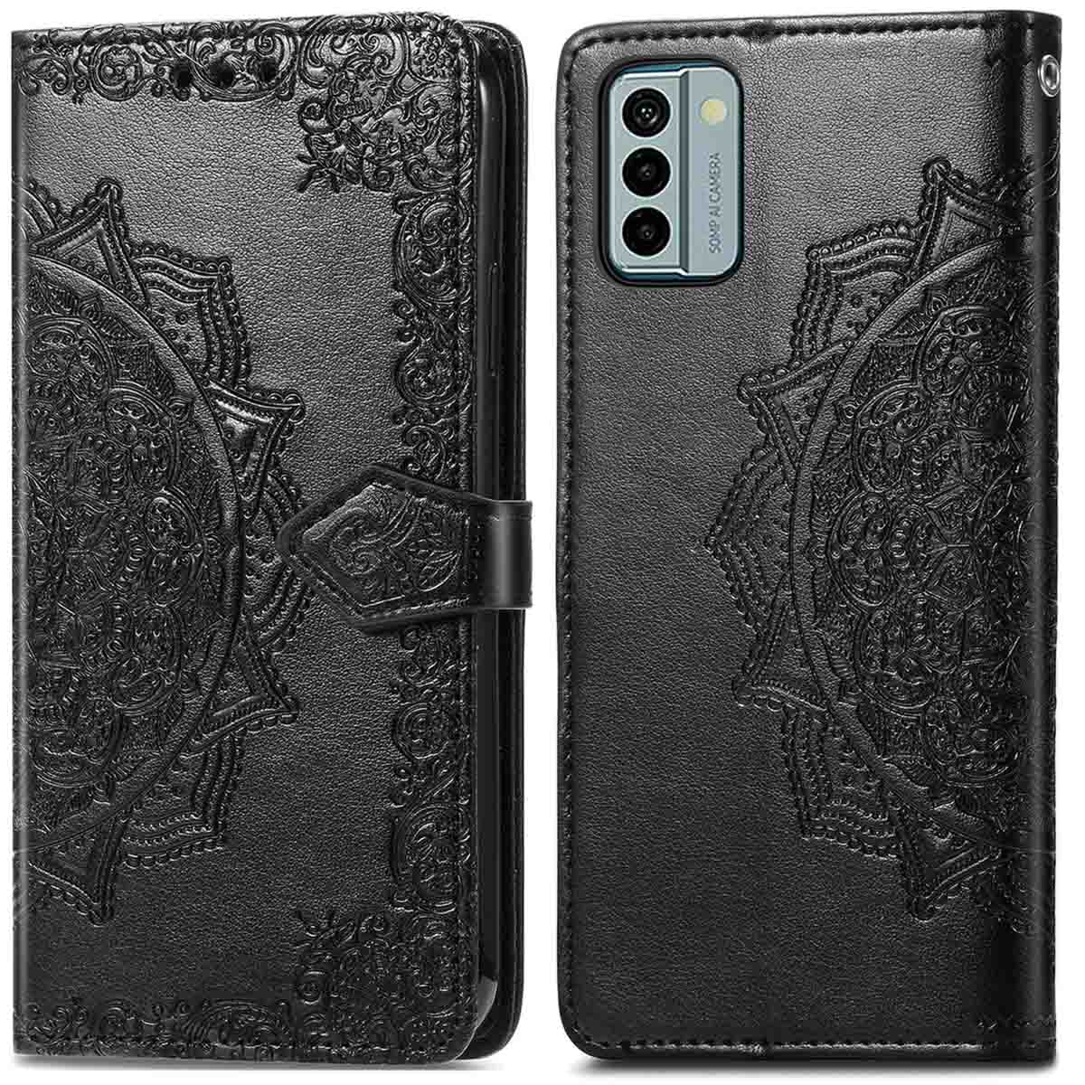 Schwarze Handyhülle offen. Es hat ein Mandala-Design. Das Telefon hat eine Kamera und der Text lautet '50MP AI Camera'.