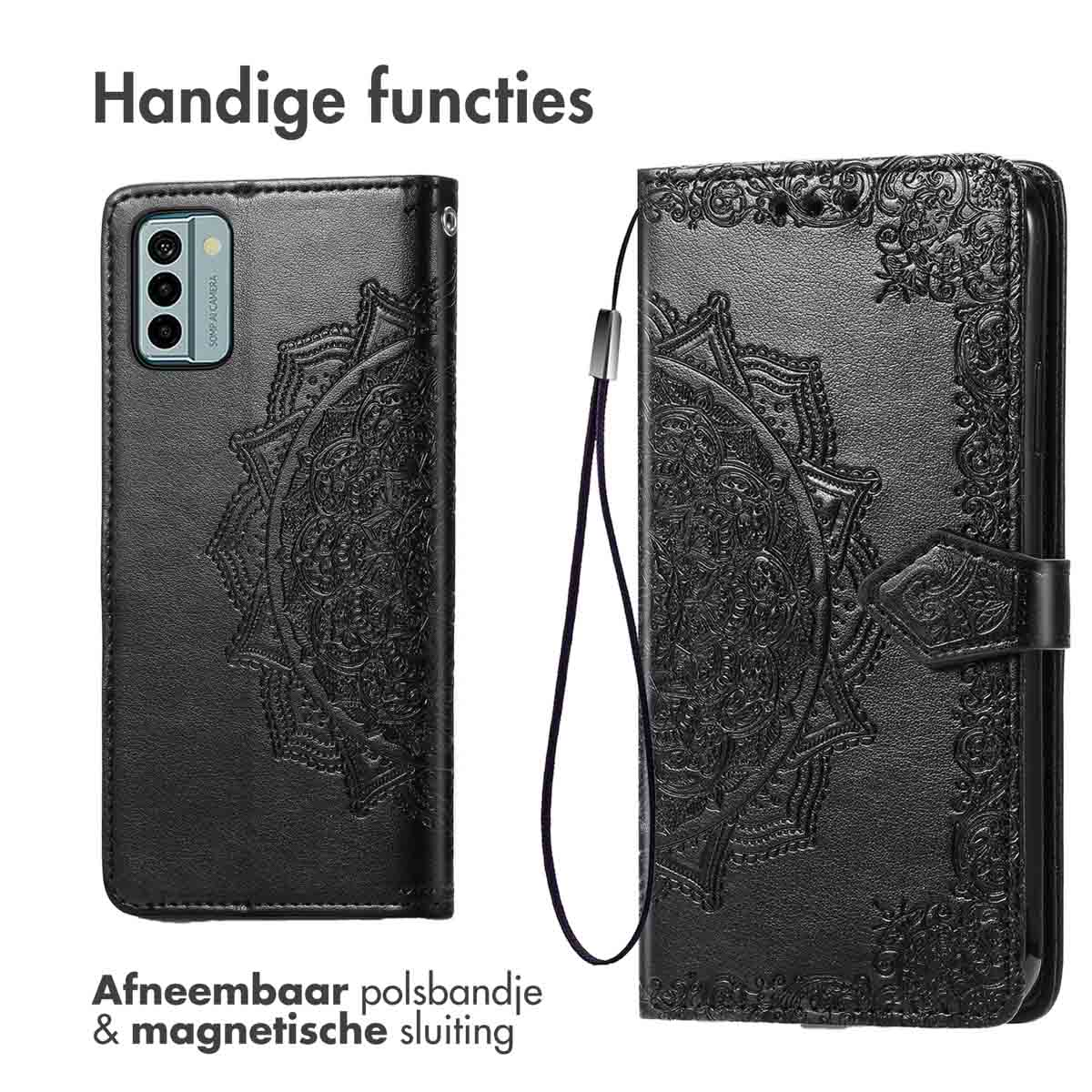 Schwarze Handyhülle mit Mandala-Design. Mit abnehmbarer Handschlaufe und Magnetverschluss.