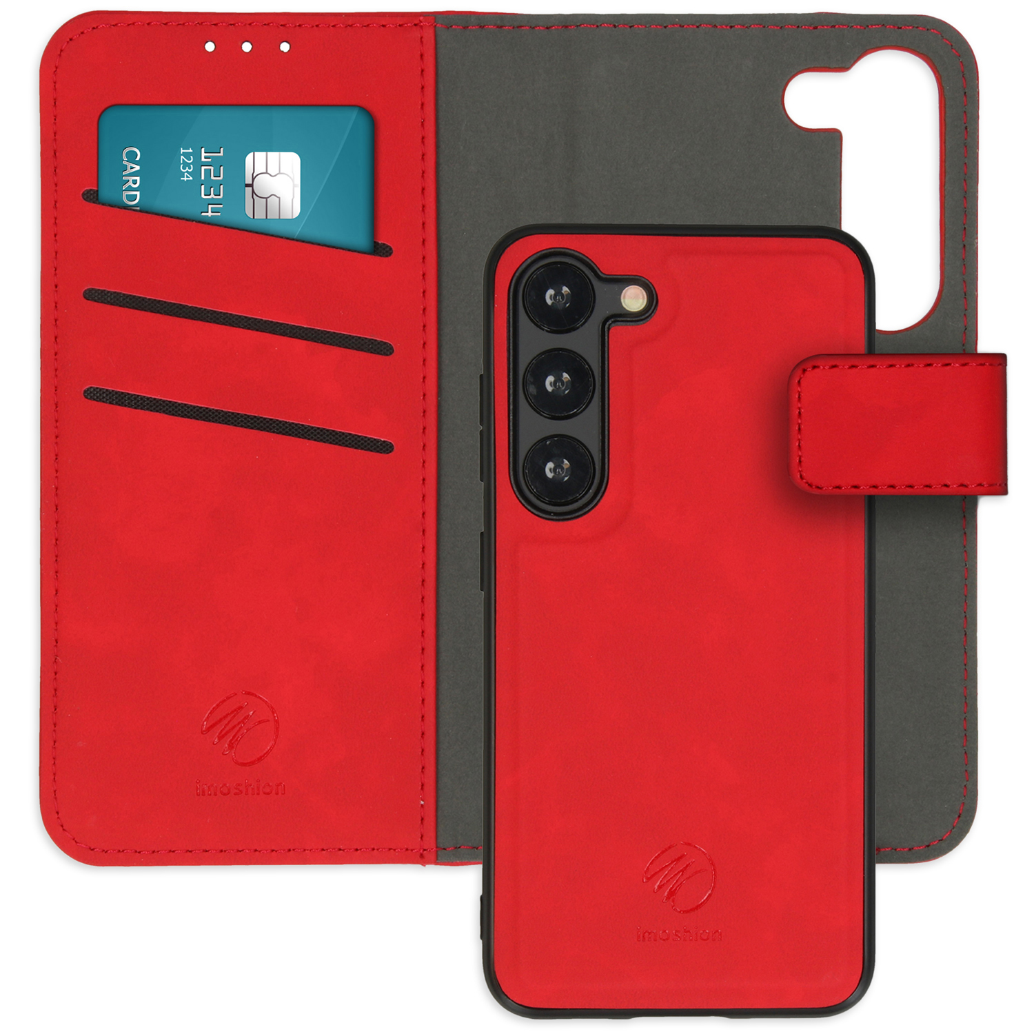 Rode telefoonhoes, portemonnee-stijl met een creditcard in de sleuf. Telefoon zichtbaar. Rood met zwarte accenten.
