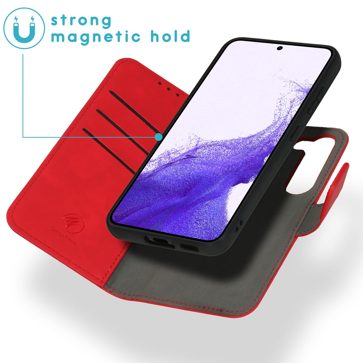 Rode telefoonhoes met sterke magnetische sluiting, telefoon binnenin. Open.