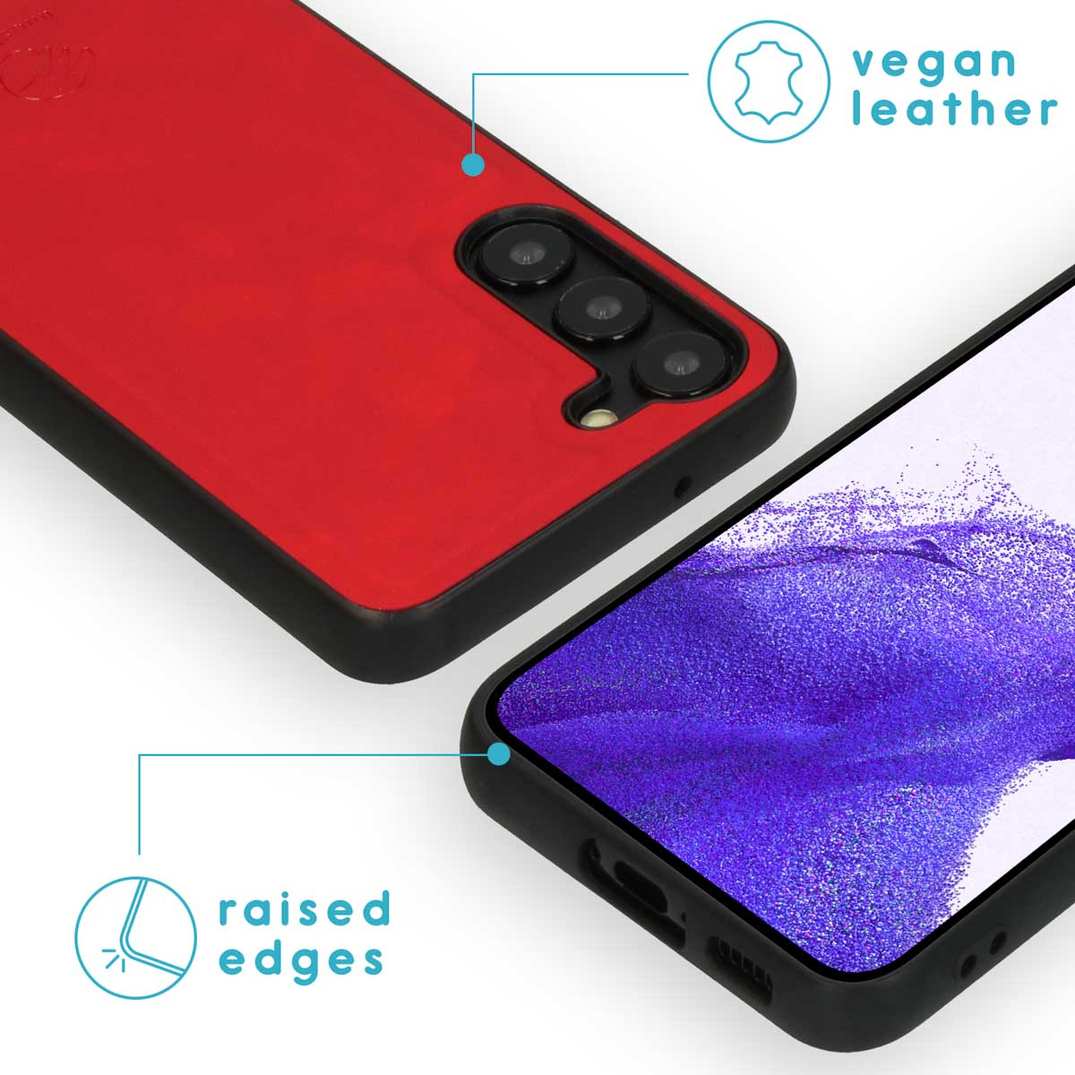 Rode vegan leren telefoonhoes met verhoogde randen. De achter- en voorkant van de hoes zijn zichtbaar.