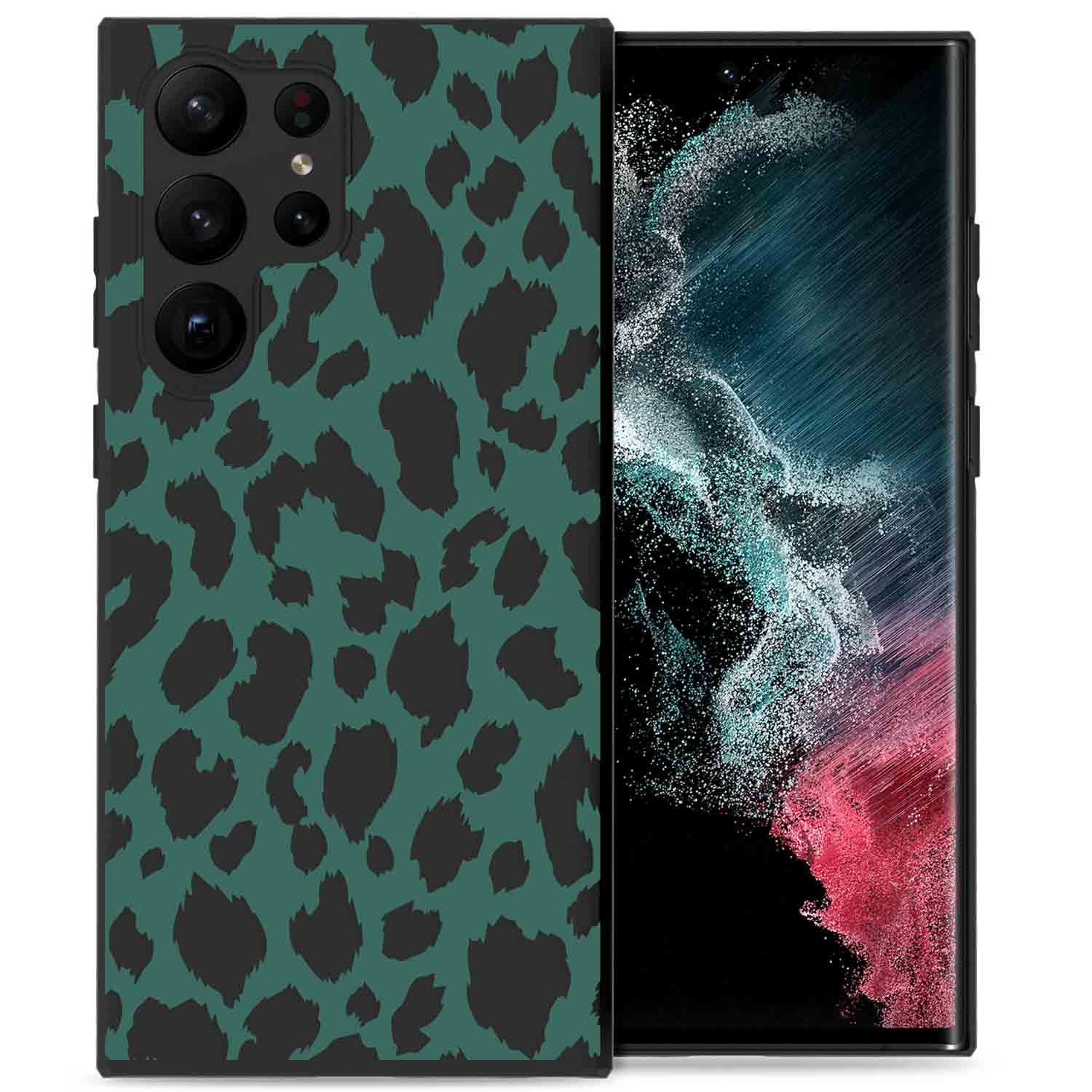 Grüne Handyhülle mit schwarzem Leopardenmuster, mit einem Telefon darin.