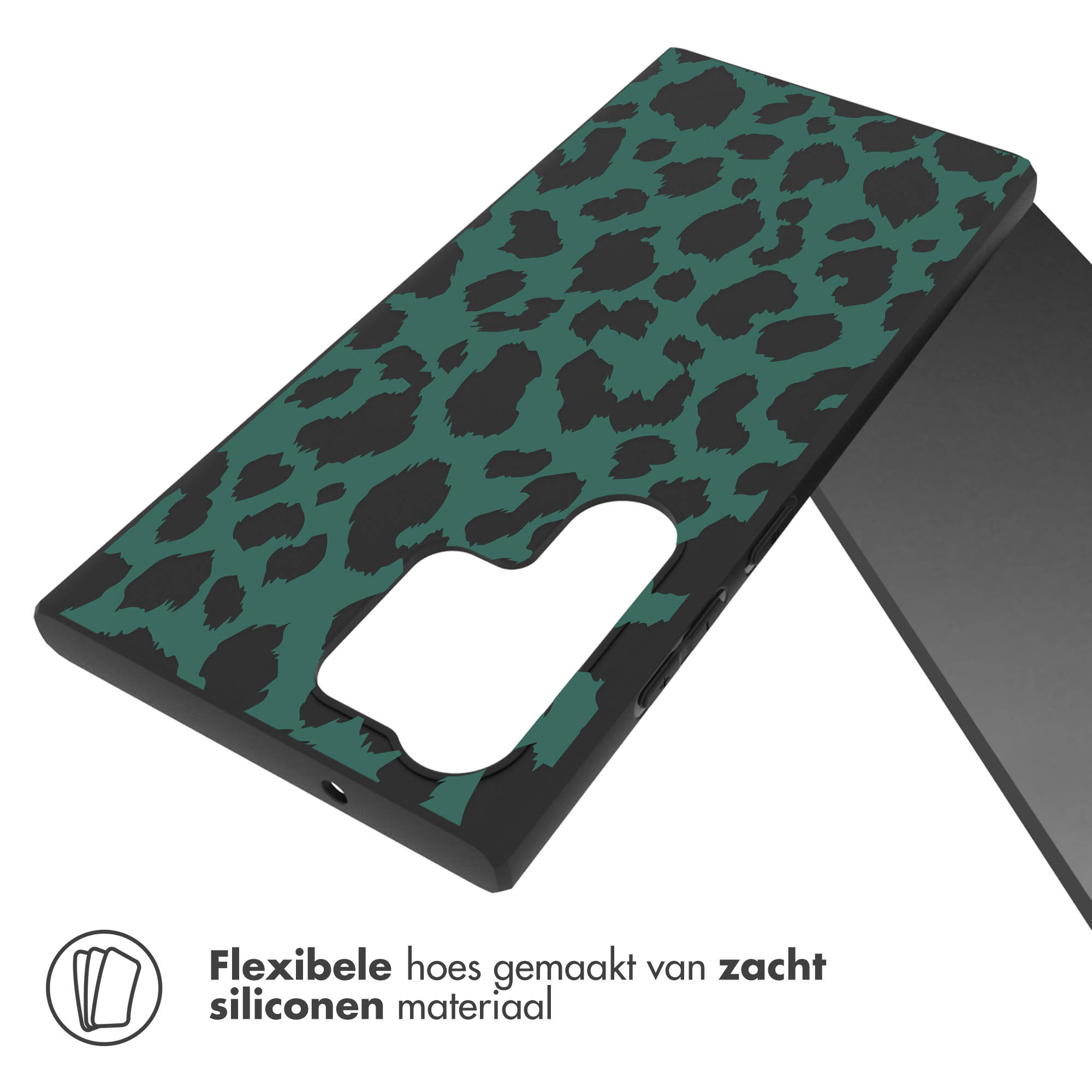 Grüne Handyhülle mit schwarzem Leopardenmuster und weißem Ausschnitt.