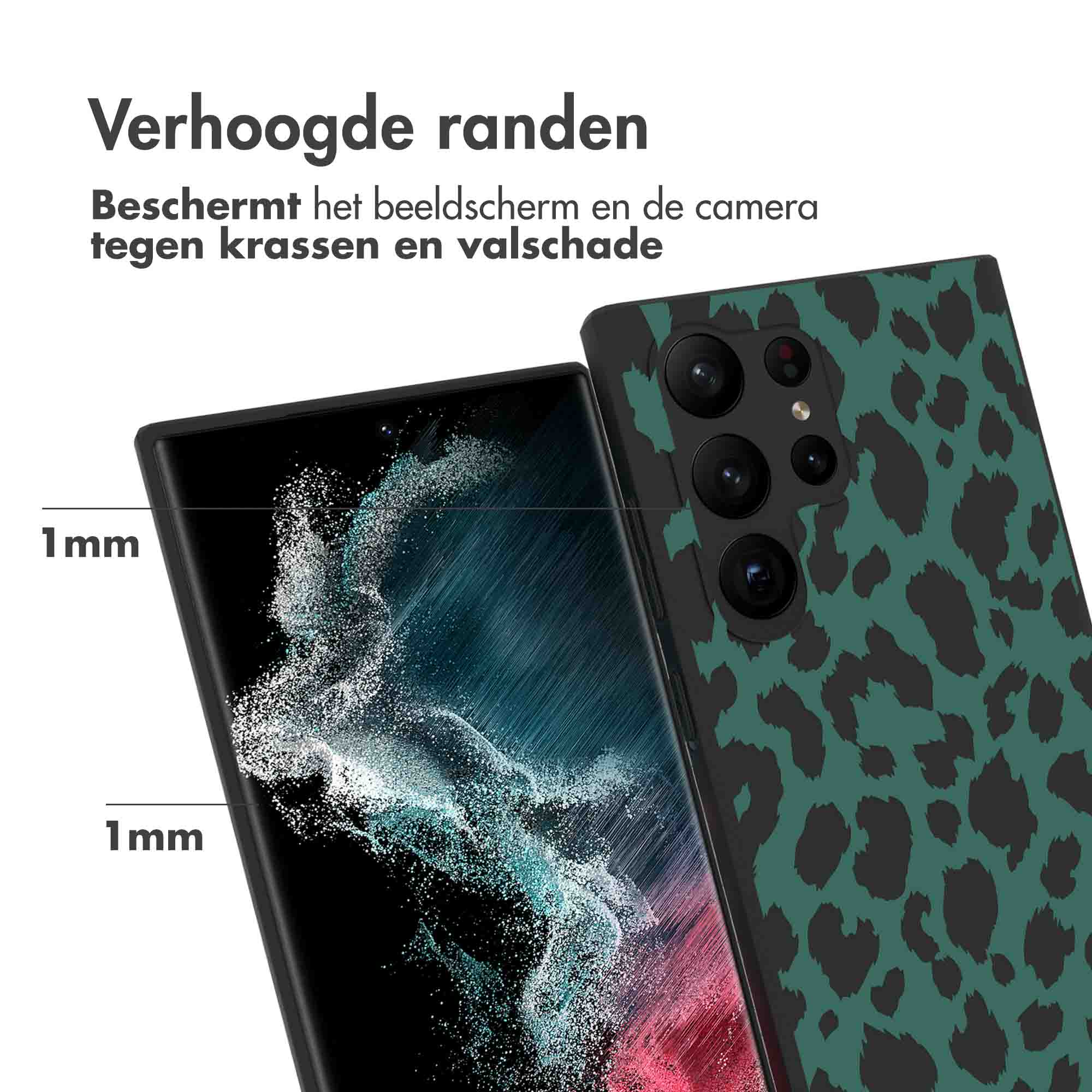 Ein Telefon in einer grünen Leopardenmuster-Hülle. Kanten um 1 mm erhöht.