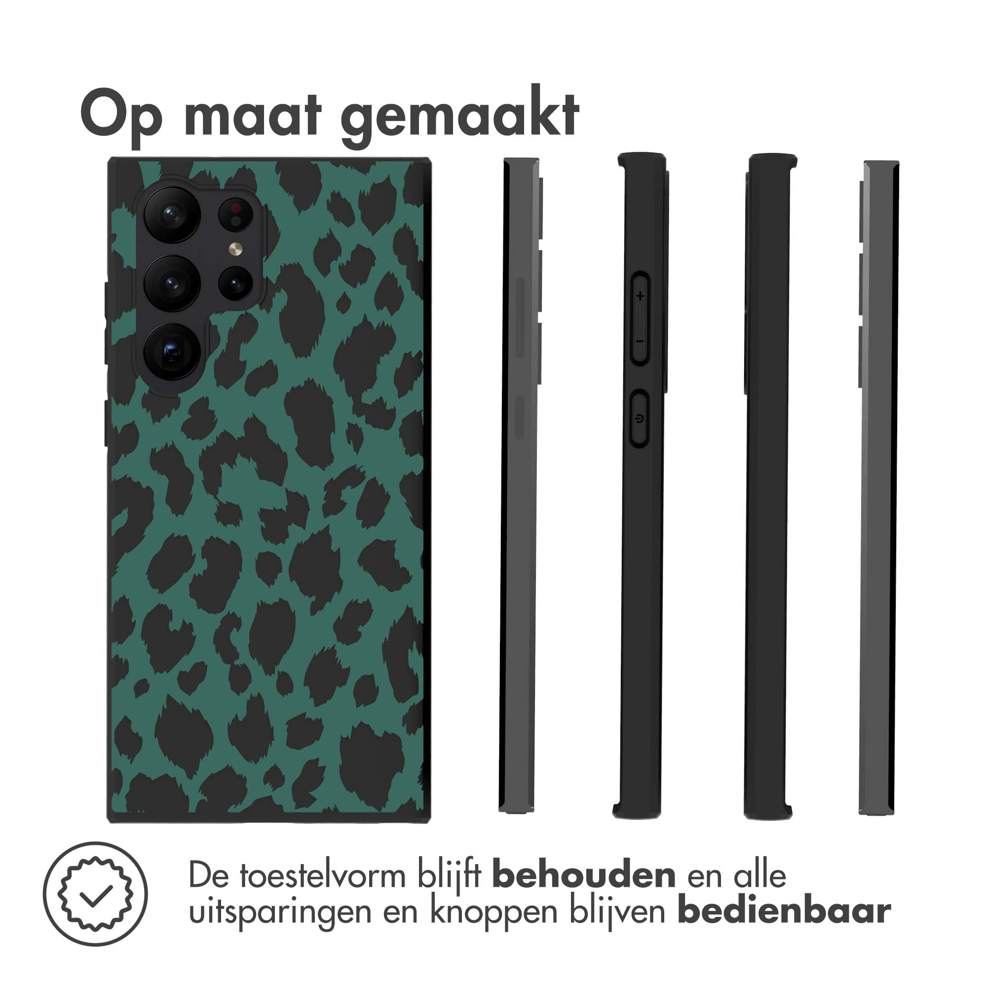 Handyhüllen in verschiedenen Farben mit Leopardenmuster. Text: De toestel vorm blijft behouden.